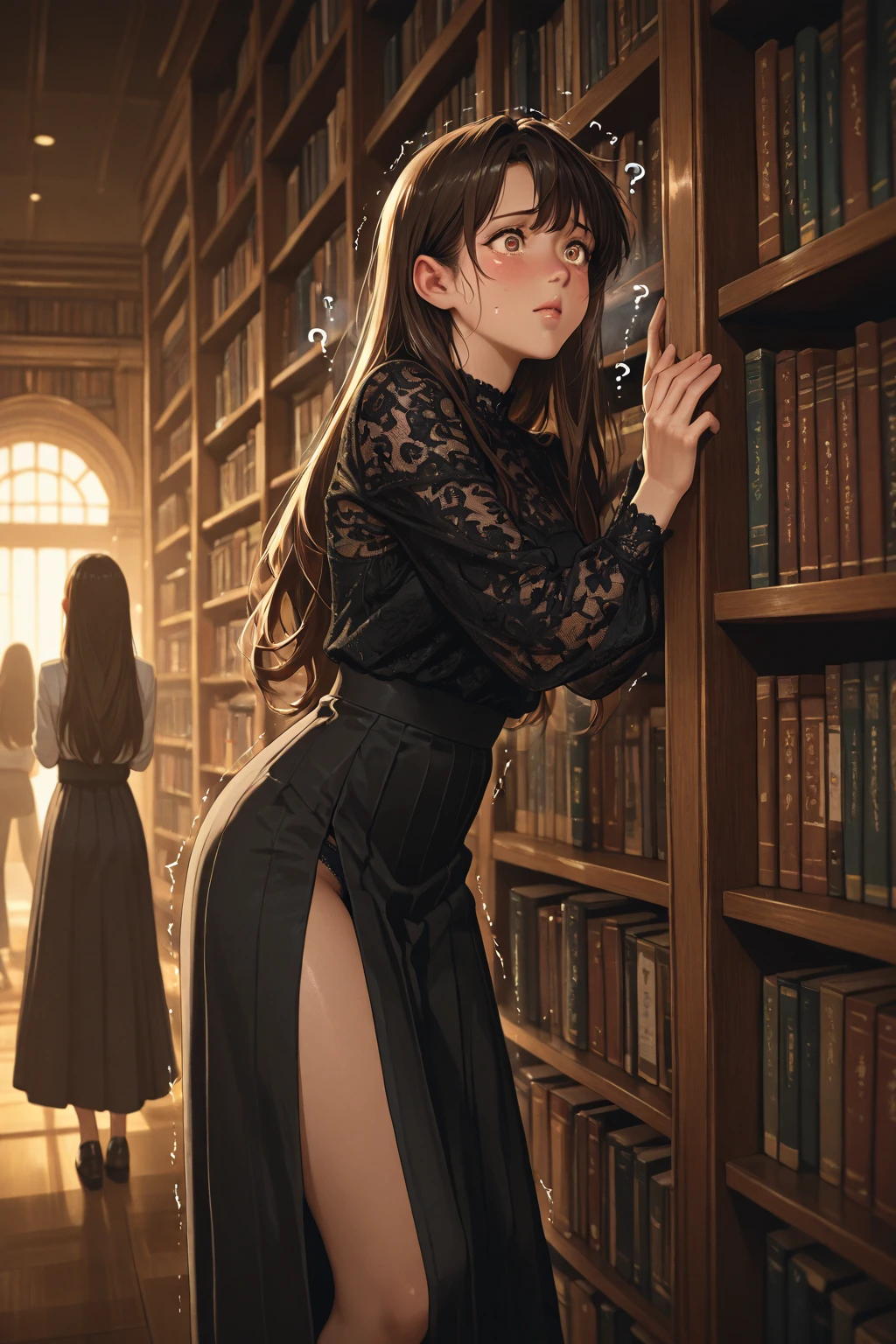 Albert Goodwin, François Schuiten, Alfredo Alcala, Surreal, mysterious, strange, fantastical, fantasy, Sci-fi, Japanese anime, flickering flame crystal, cross-sectional library, miniskirt beautiful high school girl, perfect voluminous body, detailed masterpiece Hyper realistic sharp focus sexy erotic coquettish real 