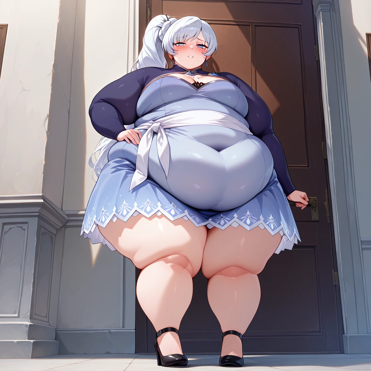 1girl, top-heavy figure, ((((incredibly big chest)))), ((((big tits)))), (((saggy chest))), plump, incredibly plump, (big belly), pout, embarassed, wide, (((obese))), (((fat))), ((love handles)), double chin, out of shape, obese, fatty, shortstack, short woman, (((big bossom))), (milf), small height, mature, standing, full body, bbw, ssbbw, Sakuya Iazyoi (Touhou), silver short hair, black bikini, pantyhose