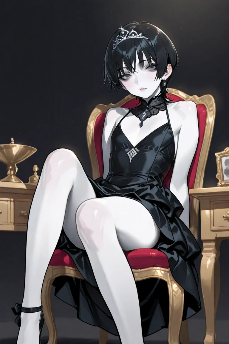 The eyes,fully body,sitting with legs open,alone,short hair,work of art,face detailed,young fitness linda,Wearing black pantyhose,tight white sweater with collar ,neckleace,evil smile,red eyes glowing,labiaa,eye shadow,bangs on the eyes,black gloves,usando The eyes,full body on display,corpo sexy,sitting on a chair