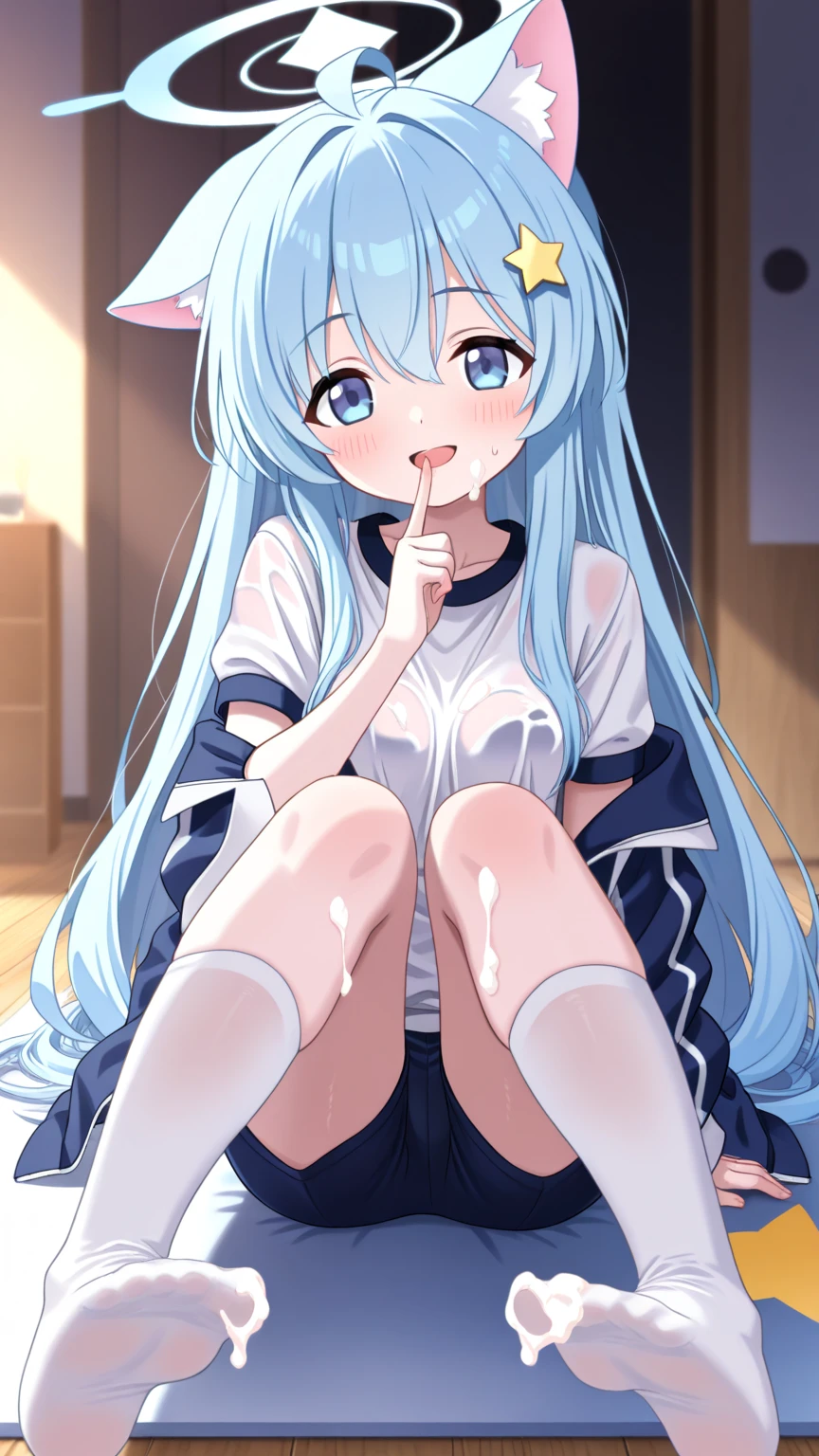 ((masterpiece, best quality)), high resolution,ultra detailed,8k,16k,detailed background, perfect lighting, detailed beautiful eyes,(1girl,solo),look at viewer,steam,sweat,in heat,embarrassed,blush,(close up pussy),(pov:1.4),(show off pussy:1.2),(from front:1.3),(from above:1),confused,open mouth,waby mouth,tear,(sitting,peeing in toilet:1.2),,slender,fair skin,small breast,sagiri_izumi,pink ribbon,on cutebed