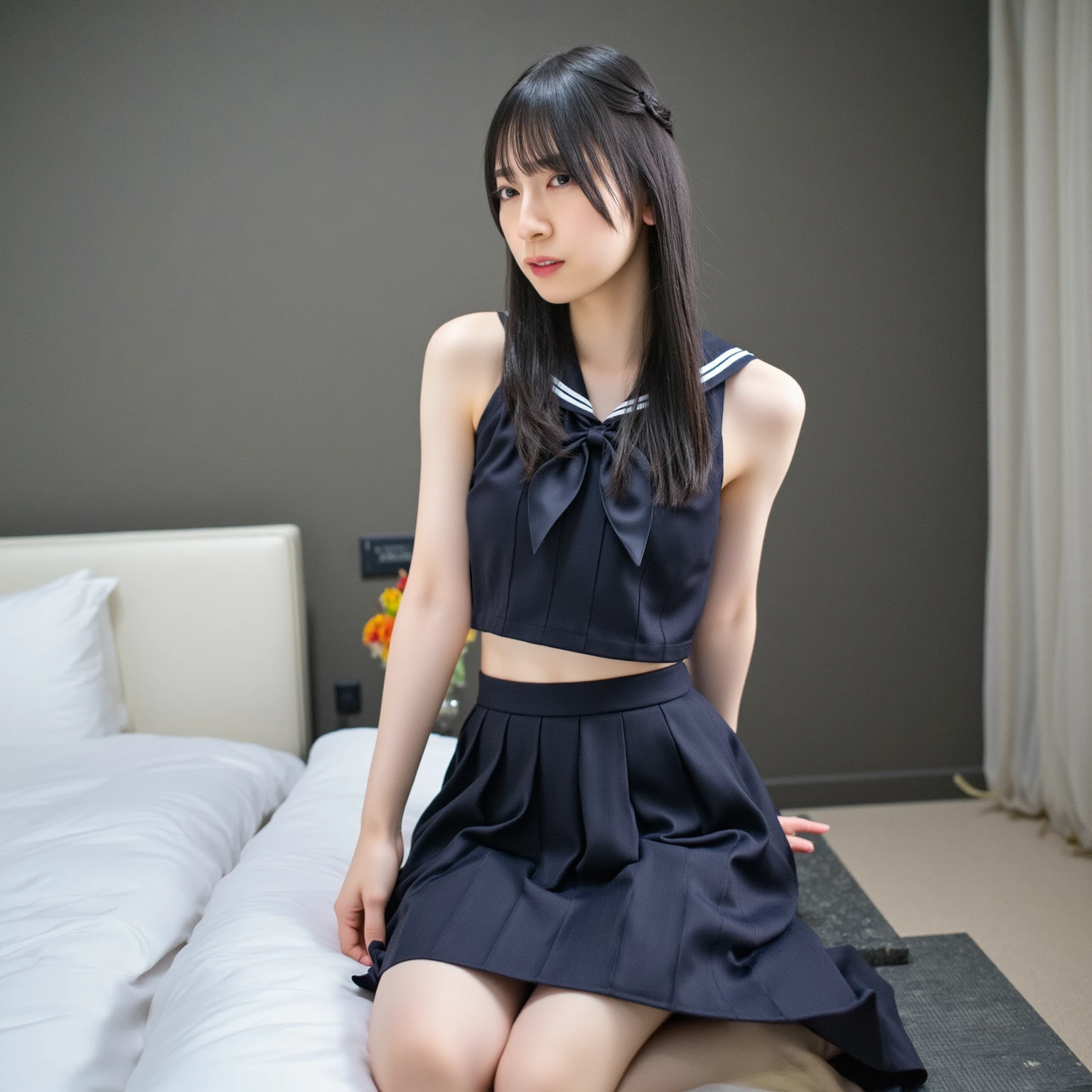 (masterpiece, highest quality:1.2), 8k, young and beautiful girl, 85mm,Official AR RAW Photos, Baby Face、Big Breasts, She is dressed、The hem of the skirt is exposed、photo shoot, Cute Face, Thighs, After-School Classes, Various sexy sitting poses, Looking at the audience, Excited, Embarrassing、smile、No makeup, Film Grain, chromatic aberration, Sharp focus, Face Light, Bright lighting, 10 generations, Detailed face, Background Blur、((((((21 year old girl))))))、Tight waist、black/Red Sailor Suit、Partially wearing a skirt、pubic hair、vagina/Pussy、Full nudity、nature、Spread your legs、White panties、White socks、blackいローファーシューズ、M-shaped foot、blackいローファーシューズ、さらにCute Face、Small Bust、Narrow shoulders、、The body is slim、Small breasts、young、Sparkling eyes、On the bed in the bedroom、choker
