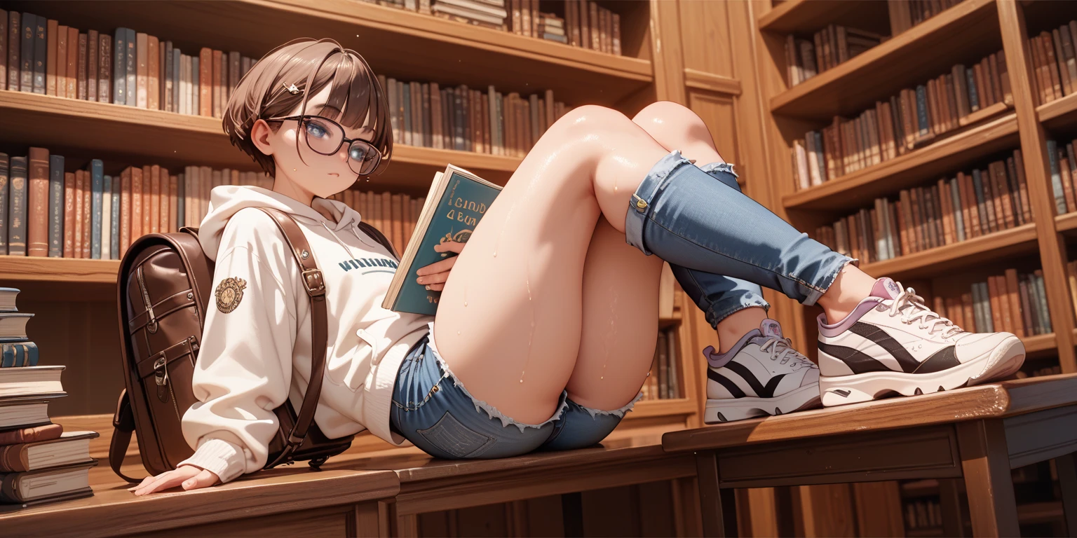 1girl, solo, full body, (masterpiece:1.21), (best quality:1.2), colorful, (illustration:1.2), (cinematic lighting:1.1), (???????????:1.3), small girl, short skirt, opened blouse, hot, sweating, smiling, in a City park, backpack on her back, holding a book, glasses