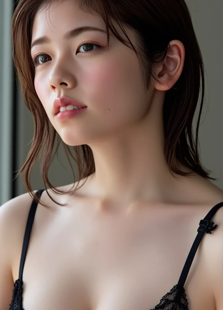 a Japanese girl, Nagahama Neru, large breasts, pink lingerie, brown hair, he sofa, BREAK, (realistic, photo-realistic:1.4), (best quality, masterpiece:1.2), RAW photo, high resolution, intricate details, extremely detailed,insanely detailed,incredibly detailed, realistic and sharp details, cinematic lighting, looking at viewer, seductive pose, (detailed face, detailed eyes, sophisticated nose), pale skin, fine-textured skin, sweaty,shiny skin, photo background
