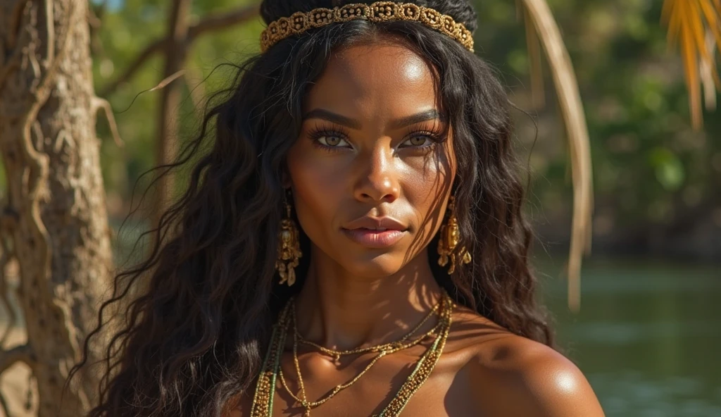 Zendaya is a beautiful naked woman. gigantic breasts. In ragged clothing called in Aztec jewelry on. sunset behind her. Dramatic lighting. Photographed on Sony a7 iv. 12k ultra HD