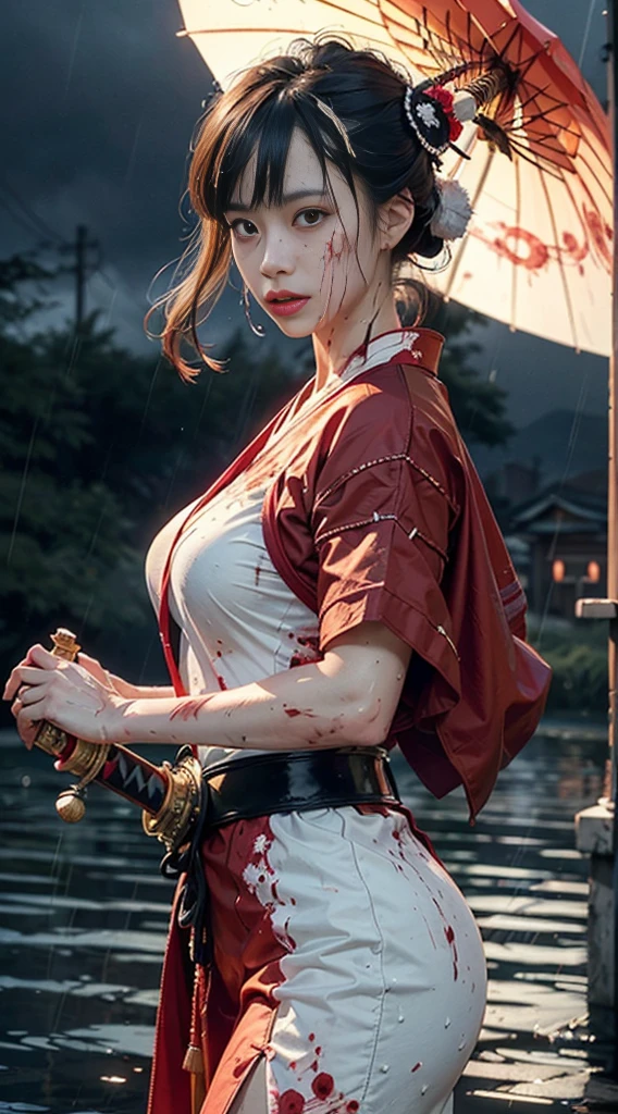 [object Object], (Detailed face features:1.3),1woman,delicate face,bright eyes,beautiful face,((japanese princess)),in the palace,japanese architecture,flames of war raging everywhere,((fighting stance:1.2)),((blunt bangs)),outdoor,((wet clothes)),wet skin,((stormy rain:1.3)),cloudy sky,Japanese Warring States Clothing,red color sky,((full-moon:1.2)),at night,fierce wind,dynamic shot,black hair,long hair,red and white clothing ,Phoenix patterned clothing,
(RAW photo, 16k, masterpiece, best quality: 1.2), (ultra realism, hyper detailed and intricate realism: 1.3), (wide depth of field, radiant mapping, ray tracing, god rays: 1.2), High dynamic range, vivid, rich details, clear shadows and highlights, realistic, intense, enhanced contrast,(((samurai sword in hand))),((blood on face:1.3)),((damaged clothing:1.3)),HDR,natural lighting,chignon,strong gaze
