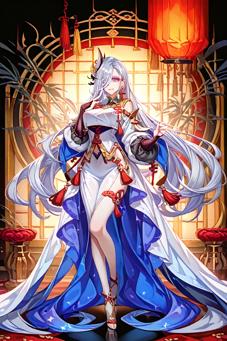 Beautiful goddess,1 Girl,Off-shoulder dress,Moderate hair,Moderate ,Exposed collarbone,Tear mole,Gorgeous goddess dress,Candlelight room,Flowing robe,The expression is arrogant,White hair,foot,No shoes,There is a mysterious mark in the middle of the forehead,(best quality,4K,8K,high resolution,masterpiece:1.2),Extremely detailed,(Practical,photoPractical,photo-Practical:1.37),fantasy,Facing the camera,Crystal ball floating on the palm,Intricate details,Dramatic Lighting,Melancholy atmosphere,Rich colors