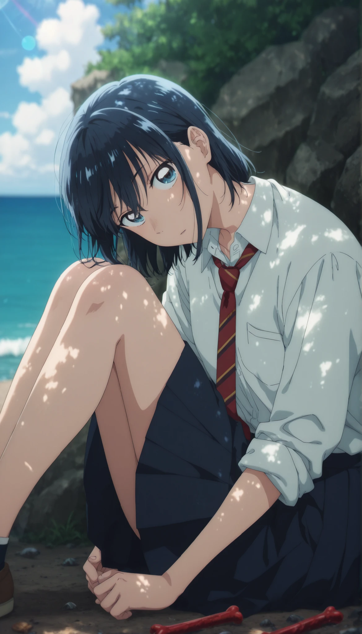 masterpiece, , absurdres, highres, detailed background, high resolution, masterpiece, necessary, detail, best quality, quality, necessary, details, High details, Precise, outdoor, ((sea)), (dappled sunlight ,day ,lens flare ,blurry background), from side:0.7, , , ,
detailed, anime screencap , anime coloring , official style , (aged up), head tilt, sitting, fetal position, ,(slim body, slender body), ,
Break, girl , , <lora:Amaye_Moriya-20:0.8>Ayame, solo, blue eyes, dark blue hair, medium hair, hair down, long bangs, hair between eyes, sidelock, white shirt, collared shirt, collared bone, red necktie, striped necktie, skirt, pleated skirt, ,(small breast), light skin, looking at viewer, ,