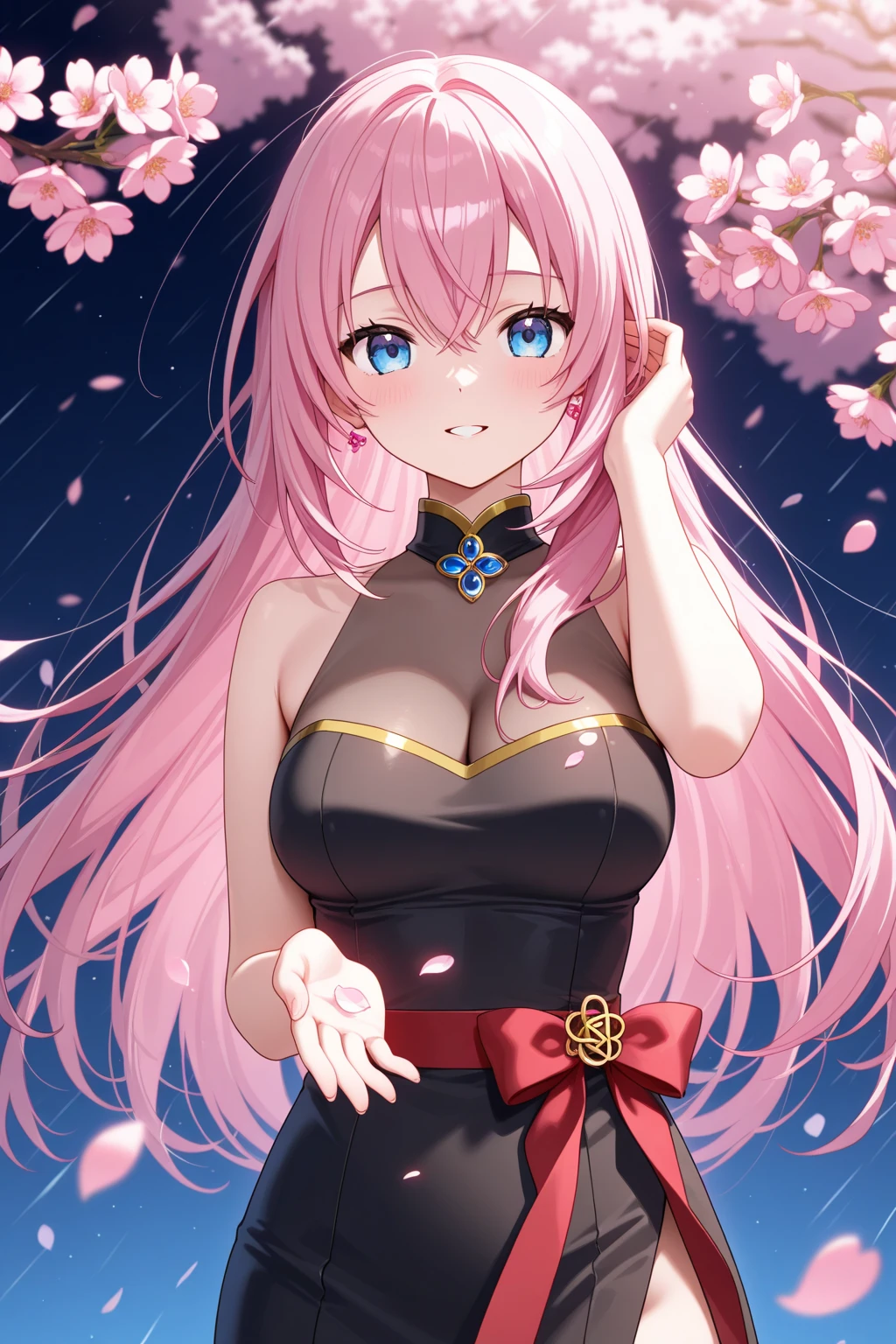 ((Best quality)), ((Meisterwerk)), (detailliert), perfektes Gesicht, hot sexy cute anime girl with long hair, halfnaked, desirefull, love, cherry blossom background, sternennacht, interesannter detailreicher hintergrund, best quality, lichtreflexionen