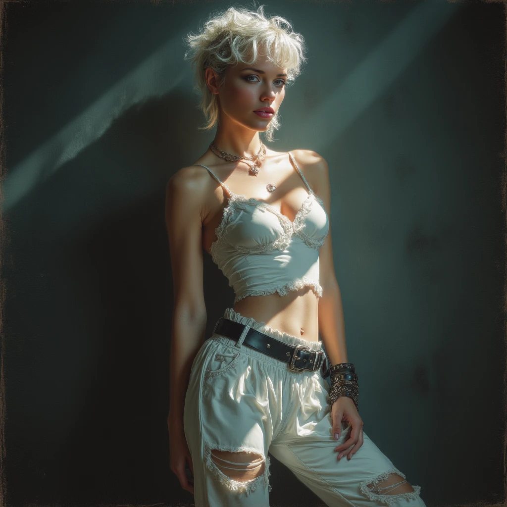 a portrait of fierce ponytail platinum blonde woman wearing black mma bra and gloves newhorrorfantasy_style