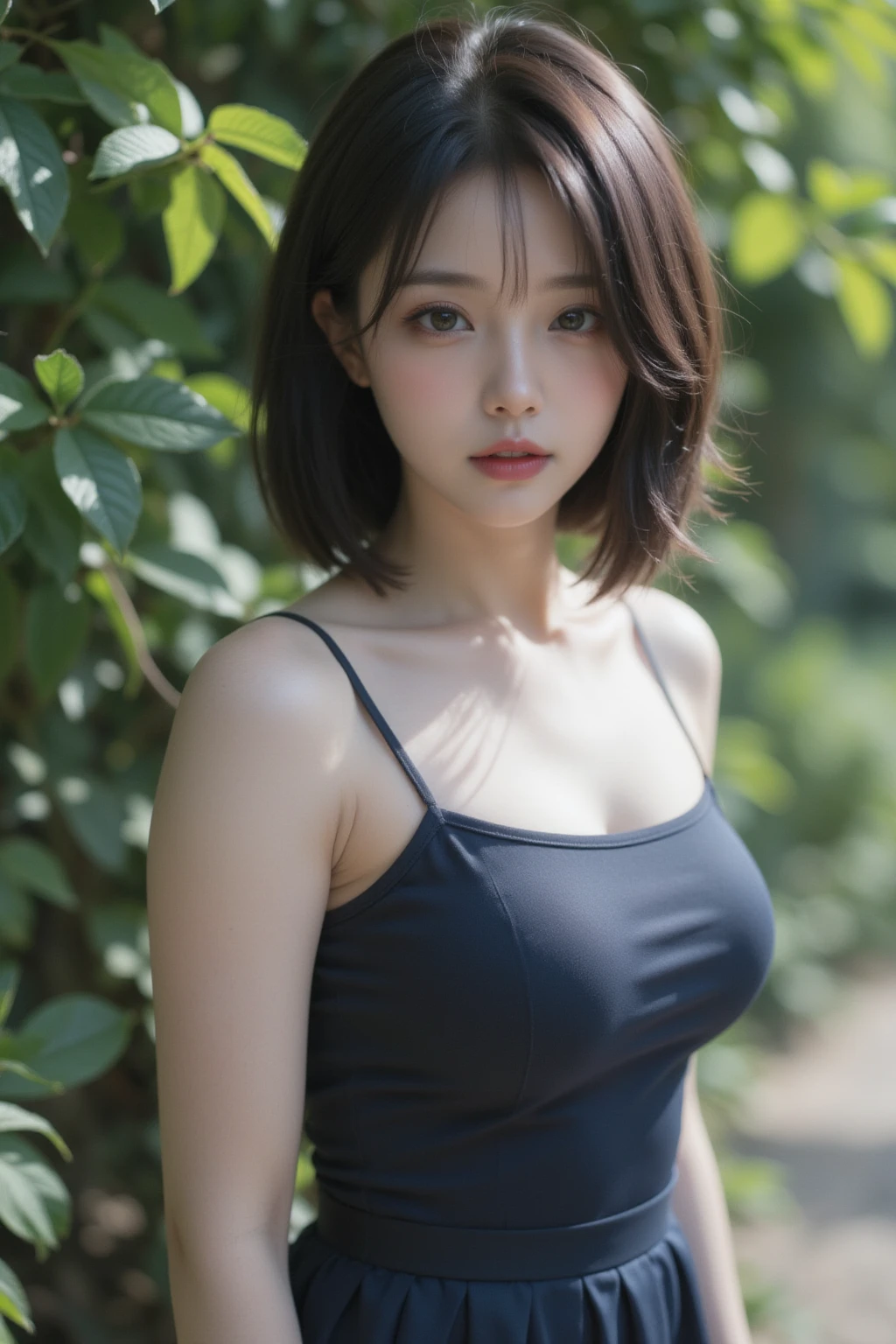 Asian woman Arav in a blue bikini poses for a photo., Yoshitomo Nara, fragmentation, De Ayami Kojima, Shiho Ashima, Half-body close-up, Japanese model, elegant japanese woman, Wear a low-cut tank top., have short hair, rift, Ayami Kojima Amano