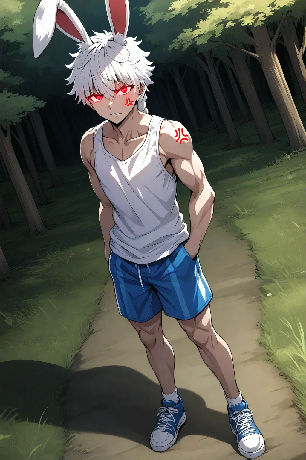1 men, short white hair, pink eyes, Kitten ears, Hospital Clothes Slightly muscular body, at night, raining, front view, Top of a destroyed building, bruised and bloody body, neutral facial expression