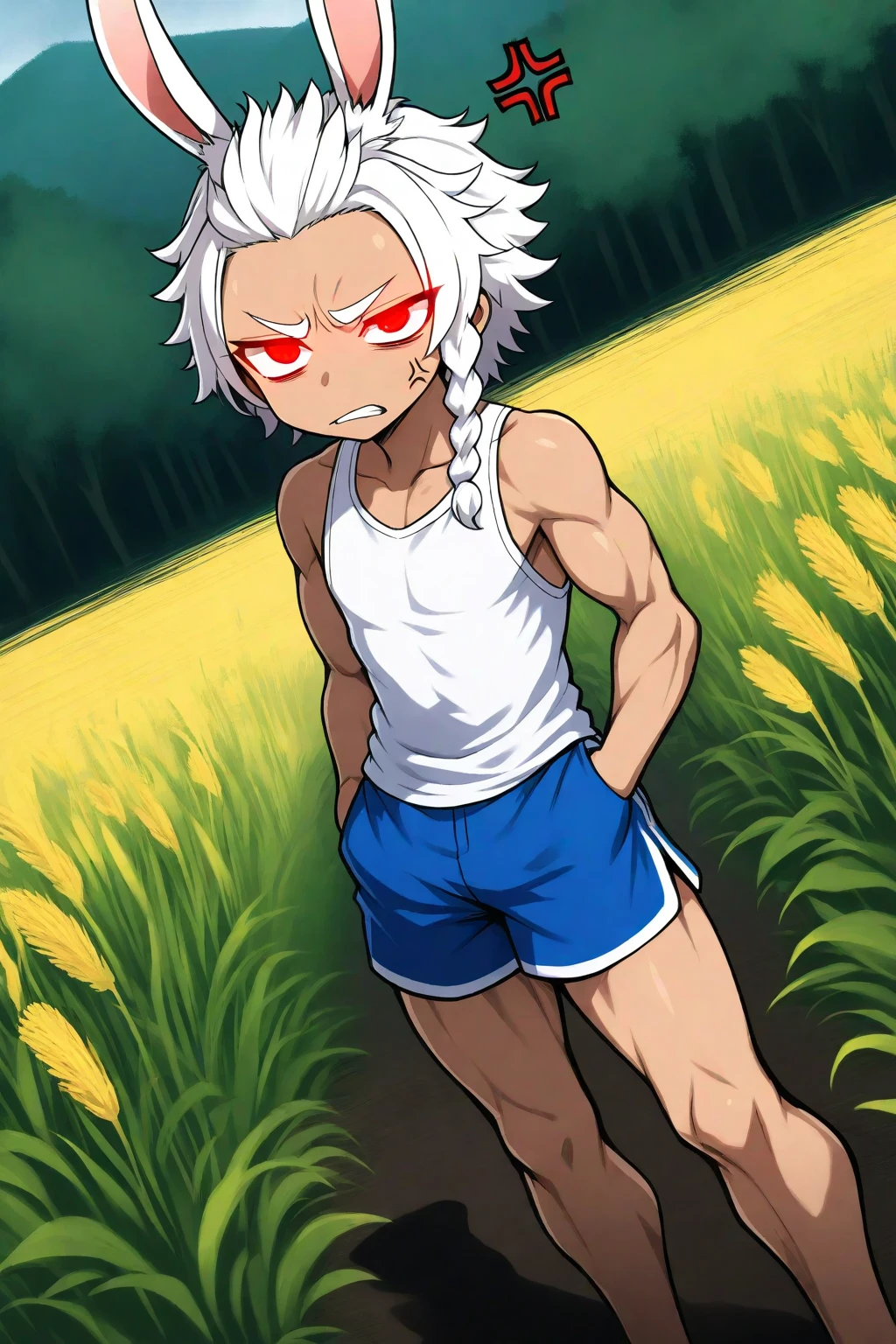 score_9, score_8_up, score_7_up, 1girl, solo, (teen:1.2), flat chest, ghislainedef, dark skin, scar, abs, white eyepatch, long hair, gray hair, tail, red bandeau, green pants, open pants, red choker, belt, standing, surprised face, stiff hands, shaking, sweating, looking down, forest,