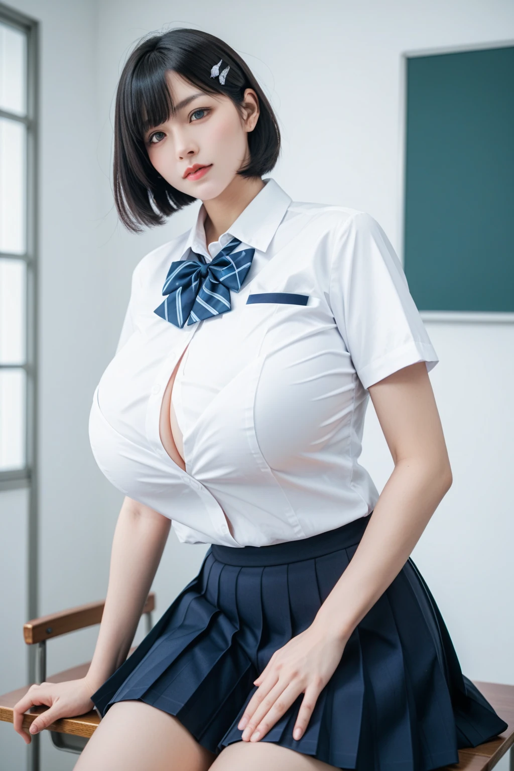 (realistic,8k, RAW photo, highest quality, masterpiece: 1.2),(long black hair,dull bangs),17 year old Japanese woman with perfect body,Please show your teeth and smile,beautiful face,highly detailed face and eyes,smile,((unbuttoned white collared shirt,red bow tie, blue pleated skirt)),(huge breasts:1.6),(pure white lace full cup bra:1.1),in the living room,near the window,evening,cowboy shot,standing pose