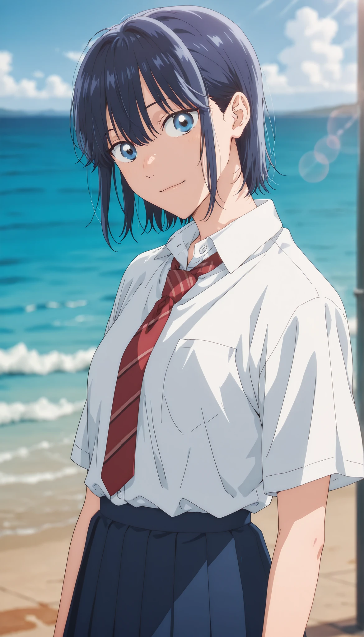 masterpiece, , absurdres, highres, detailed background, high resolution, masterpiece, necessary, detail, best quality, quality, necessary, details, High details, Precise, outdoor, ((sea)), (dappled sunlight ,day ,lens flare ,blurry background), from side:0.7, , , ,
detailed, anime screencap , anime coloring , official style , (aged up), head tilt, light smile,(slim body, slender body),
Break, girl , , <lora:Amaye_Moriya-20:0.8>Ayame, solo, blue eyes, blue hair, short hair, hair down, long bangs, hair between eyes, sidelock, white shirt, collared shirt, collared bone, red necktie, striped necktie, skirt, pleated skirt, ,(small breast), light skin, looking at viewer, ,
