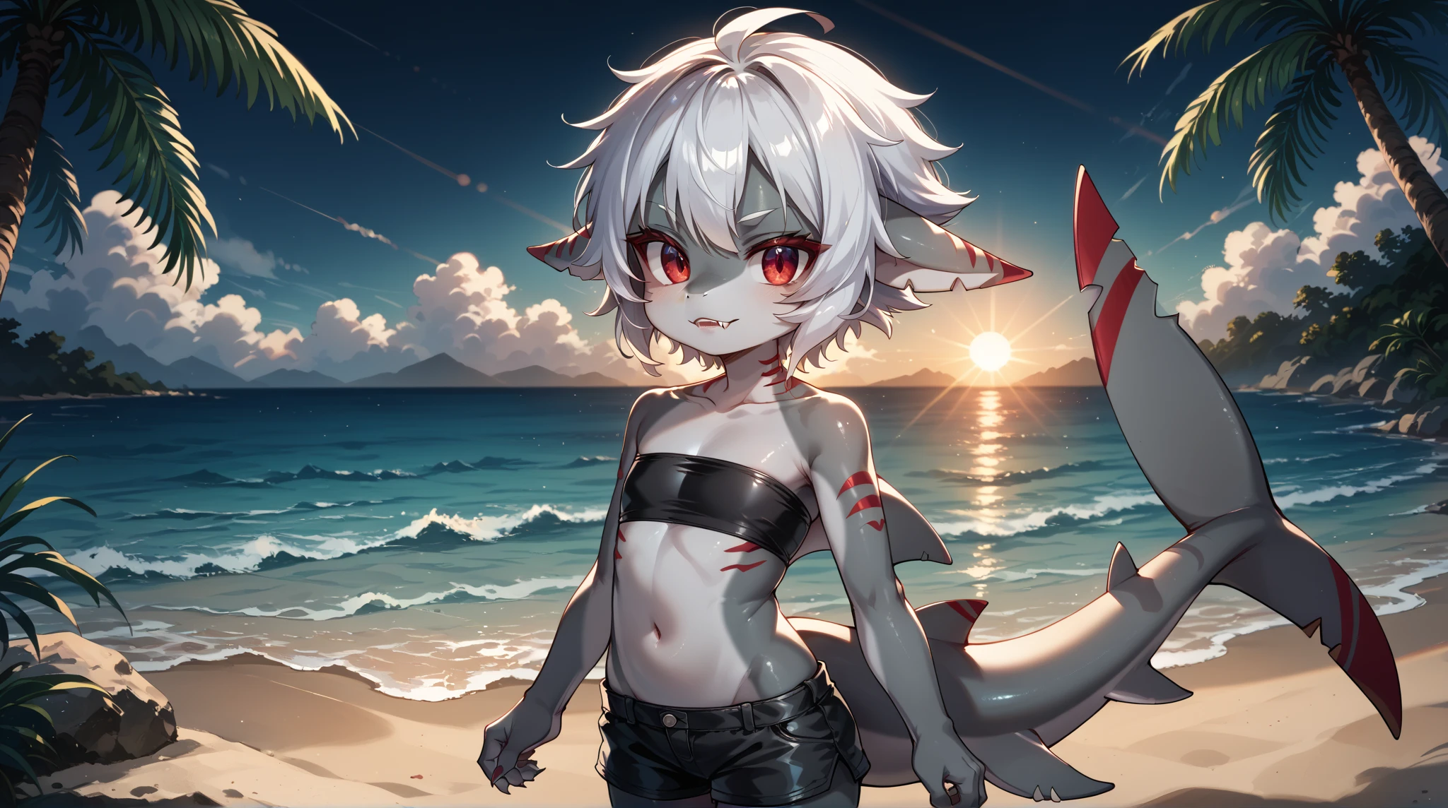 Score_9, score_8, score_7, kemono style, a cute gray anthro shark girl, animal ears, sharp teeth, green eyes, short white hair, at the beach, good anatomy, red bikini, Grey body, standing, posing, wet glistening body