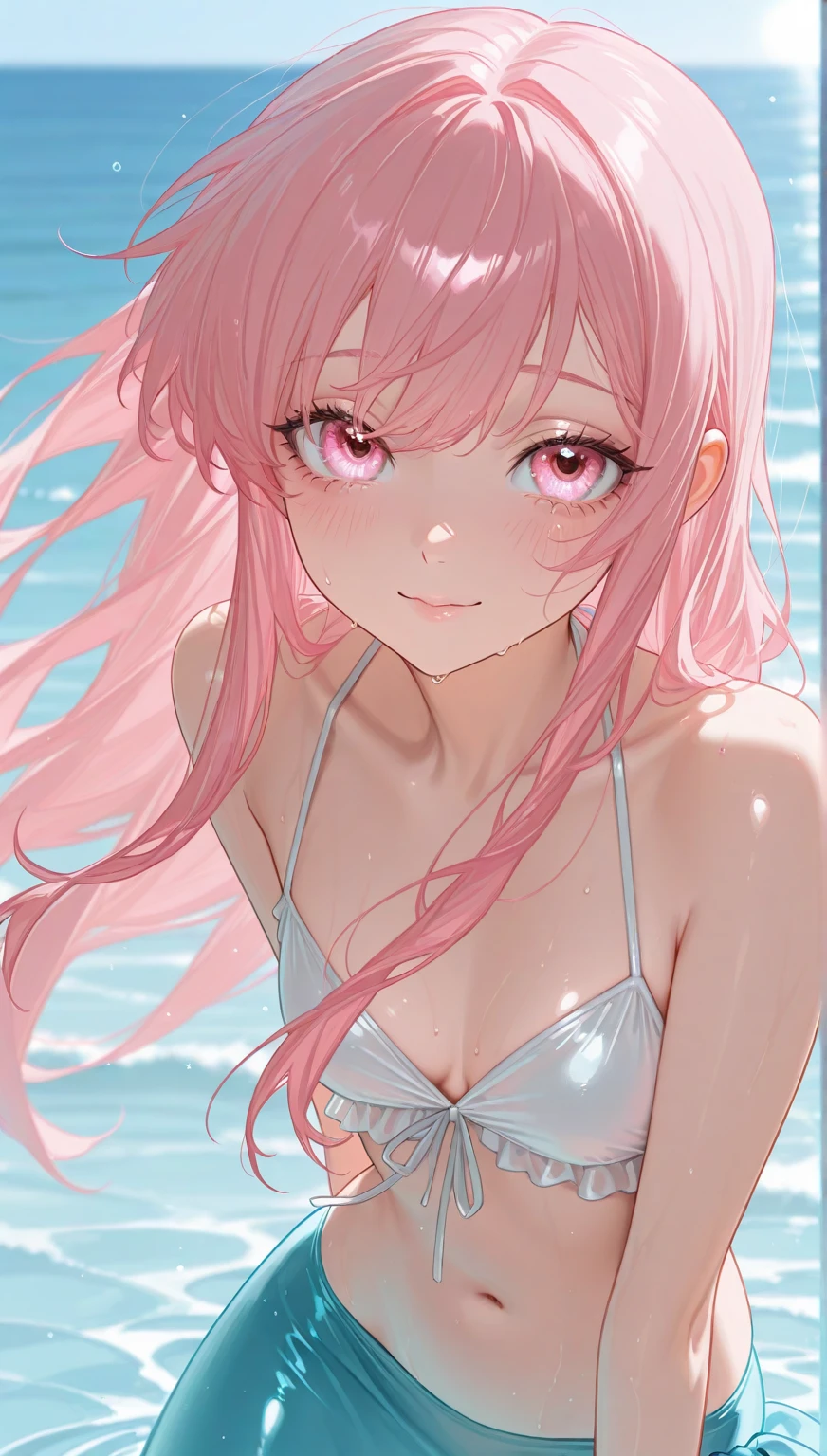 1girll，tmasterpiece，8k，Half realistic，RTX，Shaders，Excellent texture work，Perfect body proportion，hyper HD，super detailing，best qualtiy，high detal，high high quality，A pink-haired，Lie on the surface of the water，Delicate face，well dressed，Beautiful Women with Perfect Figure：1.6，
