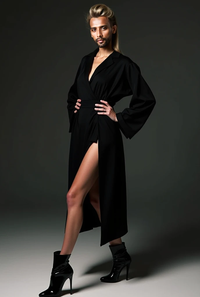 Long black dress, straight long super light yellow blond hair, Japanese face, deep v neck, Deep slit skirt, stand up, thigh, side open dress, masterpiece, Best Quality, tiara weared