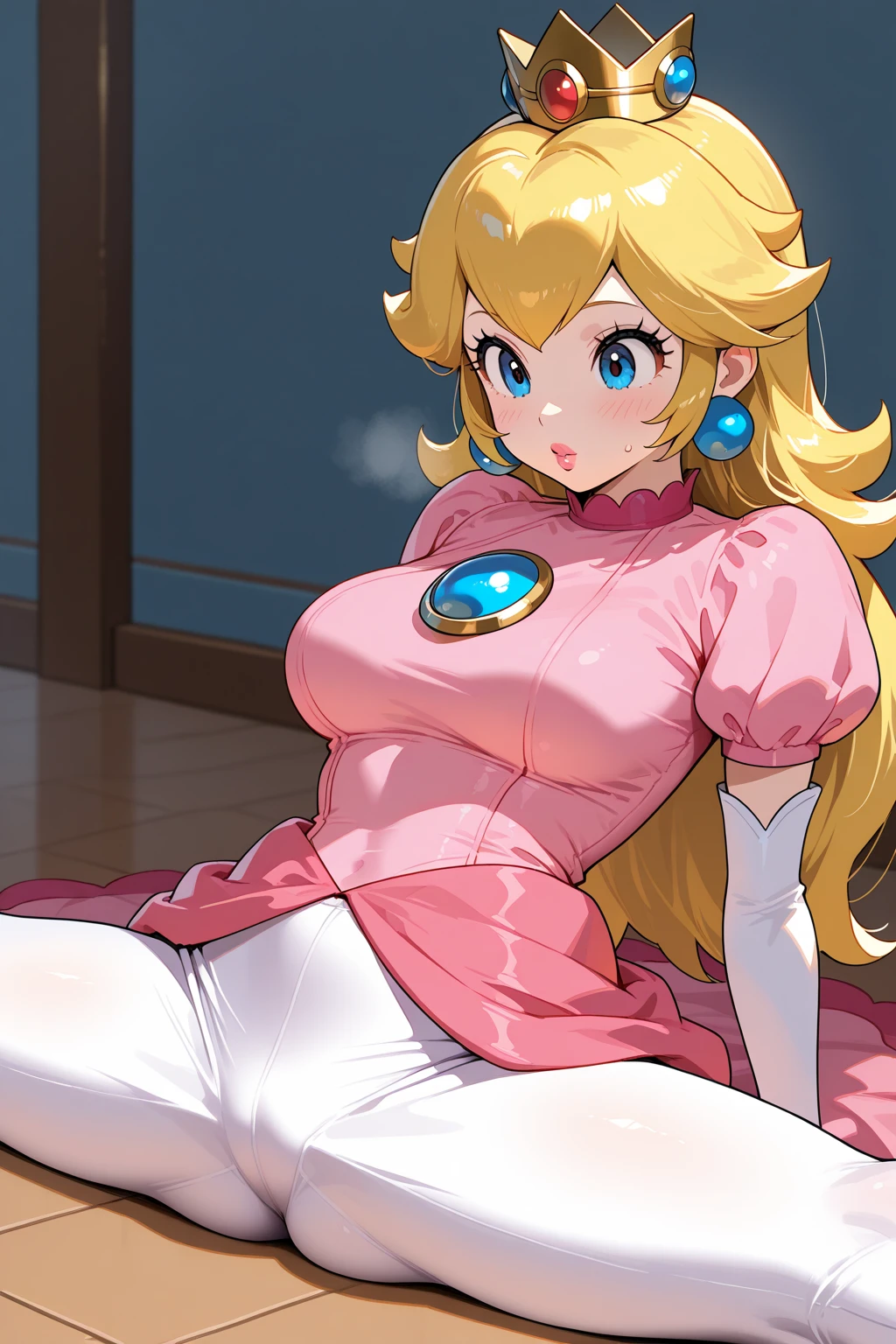 Character Stickers,STICKER, (solid outline:1.3), (NSFW:1.2), A detailed illustration of a vivid Sexy Princess Peach from Mario sitting down with pink underwear, blonde hair, sexy princess peach solo, tall skinny legs, Dress open, bare breasts, big breasts, pink underwear, Short golden hair, blue eyes, Full body, 25 years old, long smooth legs, full body portrait, Pink Dress, white gloves, white canvas shoes, legs crossed, Wear a small crown., kneeling, Smiling face, Rendered in 6 K resolution., Shadows with softness, Black background for creating websites, 2:3
