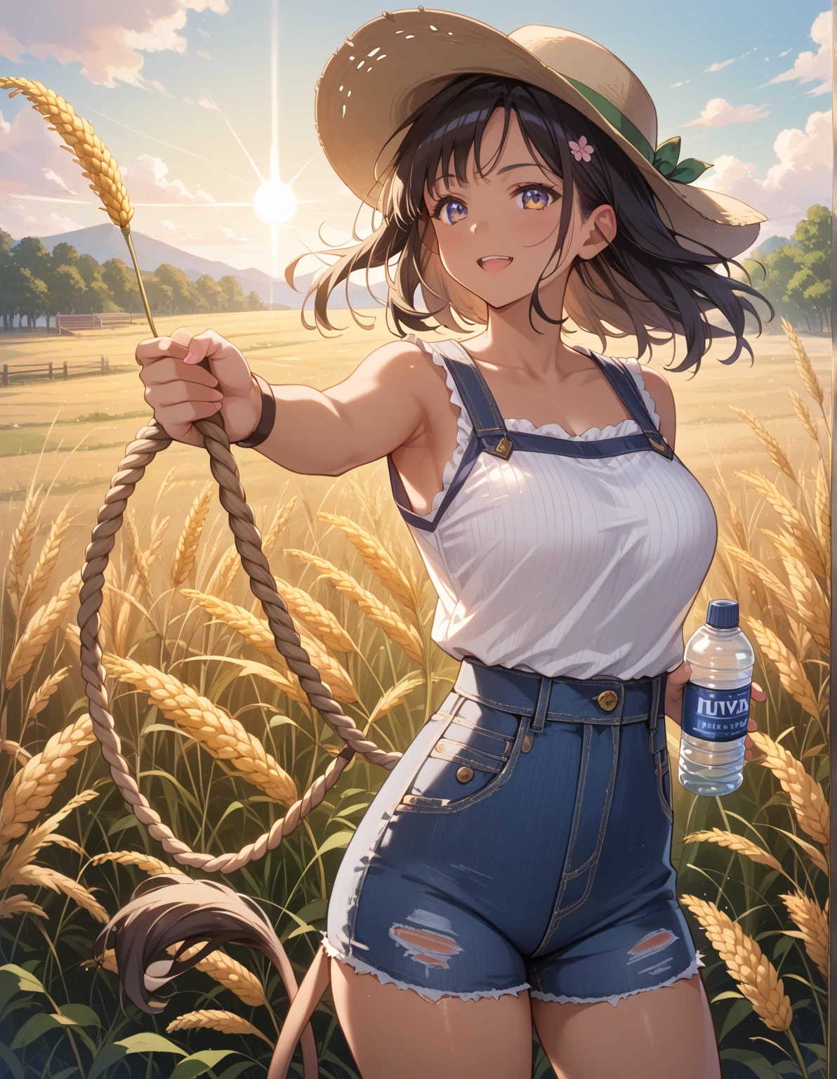 #Basics A girl is posing for a photo, animeのかわいい女の子, (((One Girl, Baby Face, Young girl, 16 years old))), 
BREAK 

#Clothing Accessories 
(Work clothes : (青のボロボロのWork clothesズボン) + (A simple white tank top) + A towel wrapped around his neck + (Wearing a straw hat)), Rugged boots, (They carry large hoes and other sturdy farming tools on their shoulders.), 
BREAK 

#Features 
((Blonde:1.4 Curly hair:1.4, (ponytail : Short Hair + Hair blowing in the wind)),  
(Droopy eyes, blue eyes), (Small breasts),  
BREAK 

#background environment 
((noon, Sunshine, Tanned and dark skin, Standing in an agricultural landscape, such as a crop field or pasture, There are agricultural tools and machinery around.)), 
#Facial Expression Pose
((Wicked Smile), (Are standing)), 
#composition 
((Face the camera, Angle from the front, Cowboy Shot:1.4)), 
BREAK 

#Body parts elements 
(Detailed hair, Beautiful Hair, Shiny Hair), 
(double eyelid, Long eyelashes), 
(Expression of fine eyes, Beautiful and delicate eyes, Sparkling eyes, Eye Reflexes, Glitter Eyeliner), 
(Human Ear), 
(Beautiful Nose, Thin Nose), 
(Glossy lips, Beautiful Lips, Thick lips, Glossy Lips, Natural Cheeks), 
(Detailed face, Symmetrical facial features), 
(Detailed skin, Textured skin, Beautiful Skin, Shiny skin), 
BREAK 

#Quality 
(((Highest quality)), ((masterpiece)), ((Very detailed))), ((High resolution), (16K,1080P)), 
(Realistic), (Anatomically correct), 
((comics, anime)), (3DCG), CG illustration,
