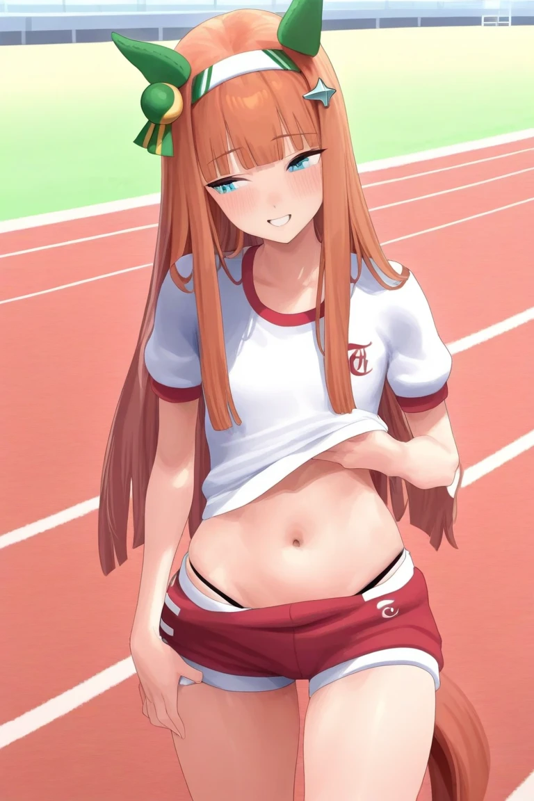 muste piece、masterpiece、highest quality、Super detailed、High resolution、8K portrait、High definition CG of Unity 8k wallpaper、cute type little:1.5、Lori:1.5、Highly detailed CG unity 8k wallpaper、Realistic、real person、 portrait photography、shiny skin、High definition、(16 years old:1.2)、(1 girl)、beautiful clear eyes、extremely detailed description、delicate face、nice lips、slender body、(thin waist)、thin legs、(Atlantic stadium track:1.6)、1 girl, cute type, perfect face, seriously, (blush:1.5),(pink hair twintails:1.3),(flat chest:1.4),((short sleeve gym clothes:1.2)),((clothes lift:1.5)), ((half nude:1.3)),((climax in vagina:1.5)),(looking at view:1.2),(from front:1.2),gran,(hand behind hip:1.4)