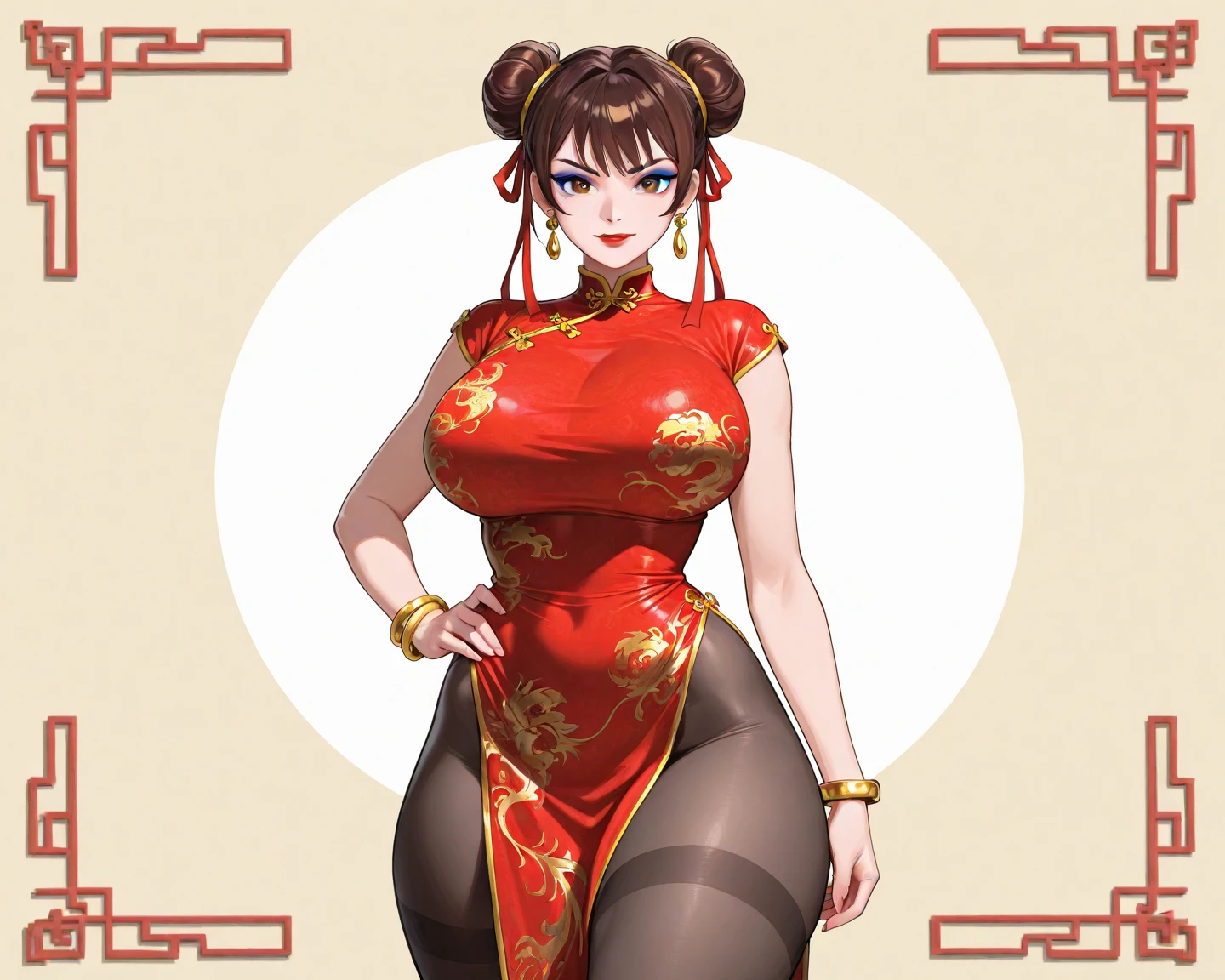 score_9, score_8_up, score_7_up, 1girl, solo, wide hips, thick thighs, huge ass, thighhighs, narrow waist, source_, huge breasts, smug, red qipao, cleavage, black hair, hair buns, china dress, closed eyes, bimbo, thick lips, muscular