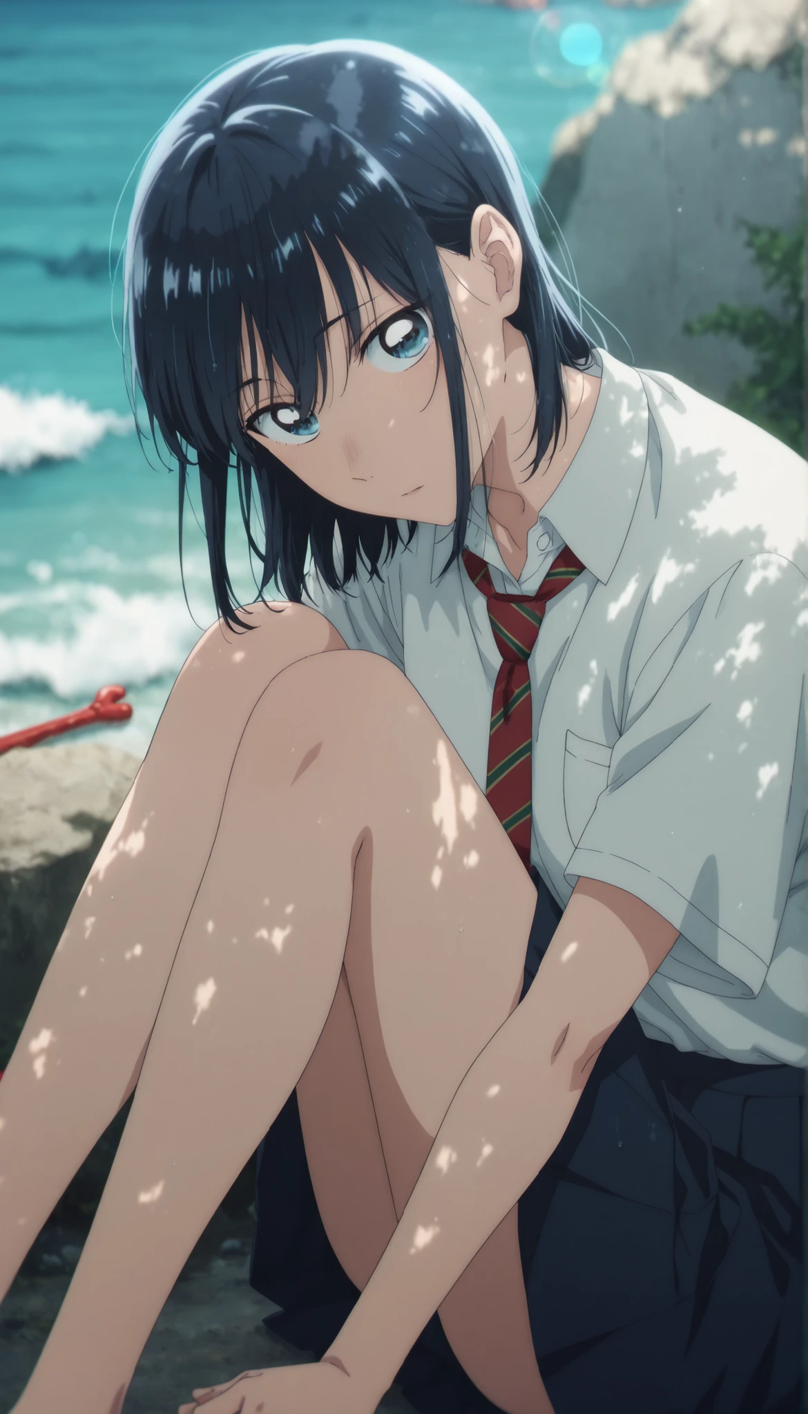 masterpiece, , absurdres, highres, detailed background, high resolution, masterpiece, necessary, detail, best quality, quality, necessary, details, High details, Precise, outdoor, ((sea)), (dappled sunlight ,day ,lens flare ,blurry background), from side:0.7, , , ,
detailed, anime screencap , anime coloring , official style , (aged up), head tilt, sitting, fetal position, ,(slim body, slender body), ,
Break, girl , , <lora:Amaye_Moriya-20:0.8>Ayame, solo, blue eyes, dark blue hair, medium hair, hair down, long bangs, hair between eyes, sidelock, white shirt, collared shirt, collared bone, red necktie, striped necktie, skirt, pleated skirt, ,(small breast), light skin, looking at viewer, ,