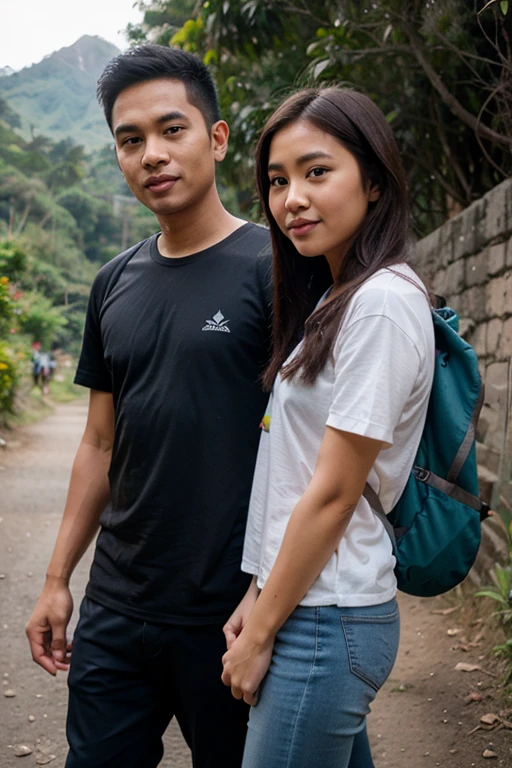 Medium shot of a 35 year old indonesian man, fit body, ideal body, oval face, white skin, nature skin, medium hair, wearing a shirt , side by side with a 30 year old indonesian woman with, gray crop tot, they smile facing the camera, eye to camera, eye level angle with City view in the background