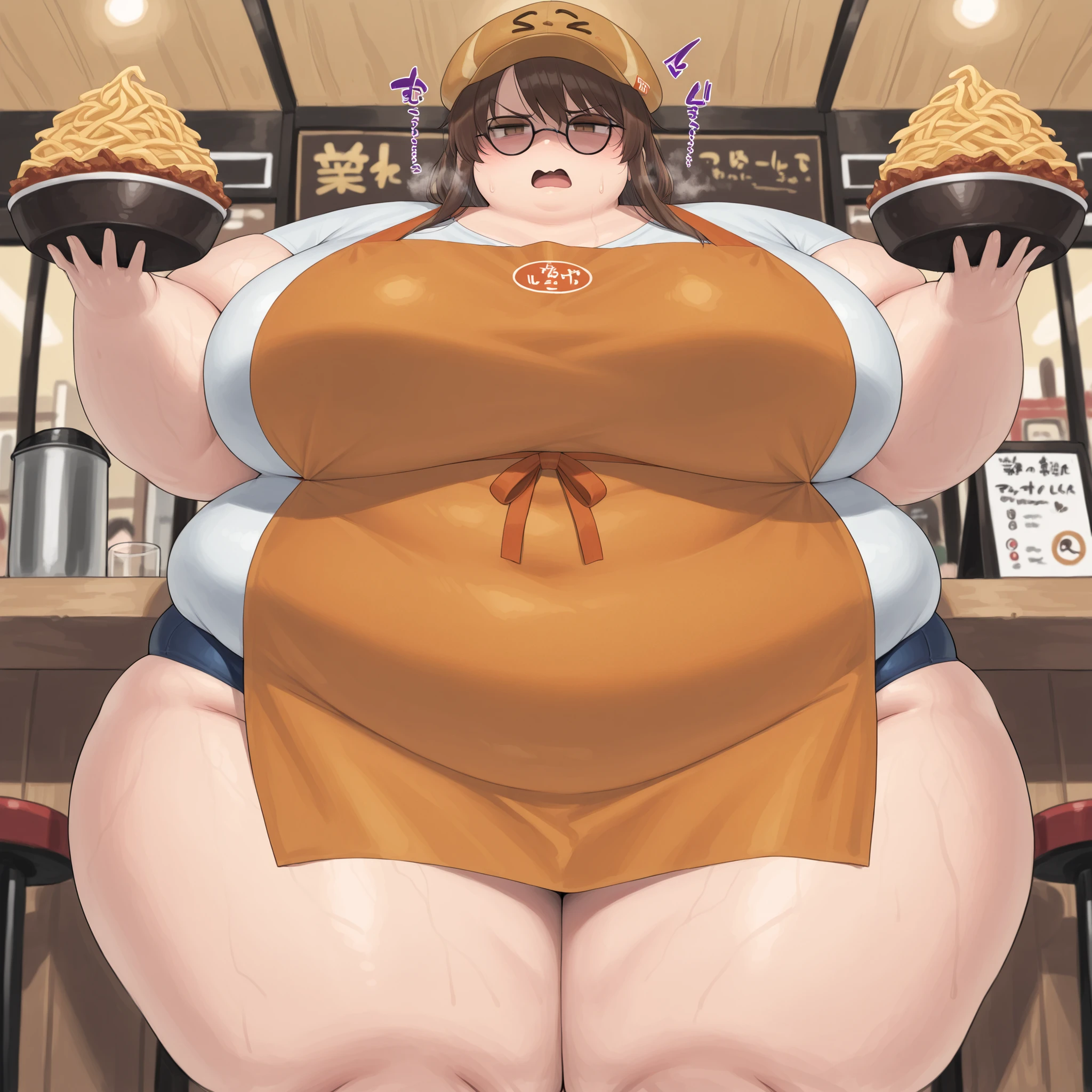 masterpiece, best quality, 1girl(disdain\disgust\glasses\holding cheese gyuudon\orange apron\hat),restaurant,dark fat, chubby, obese, gigantic arms and legs, large breasts open mouth, out of breath