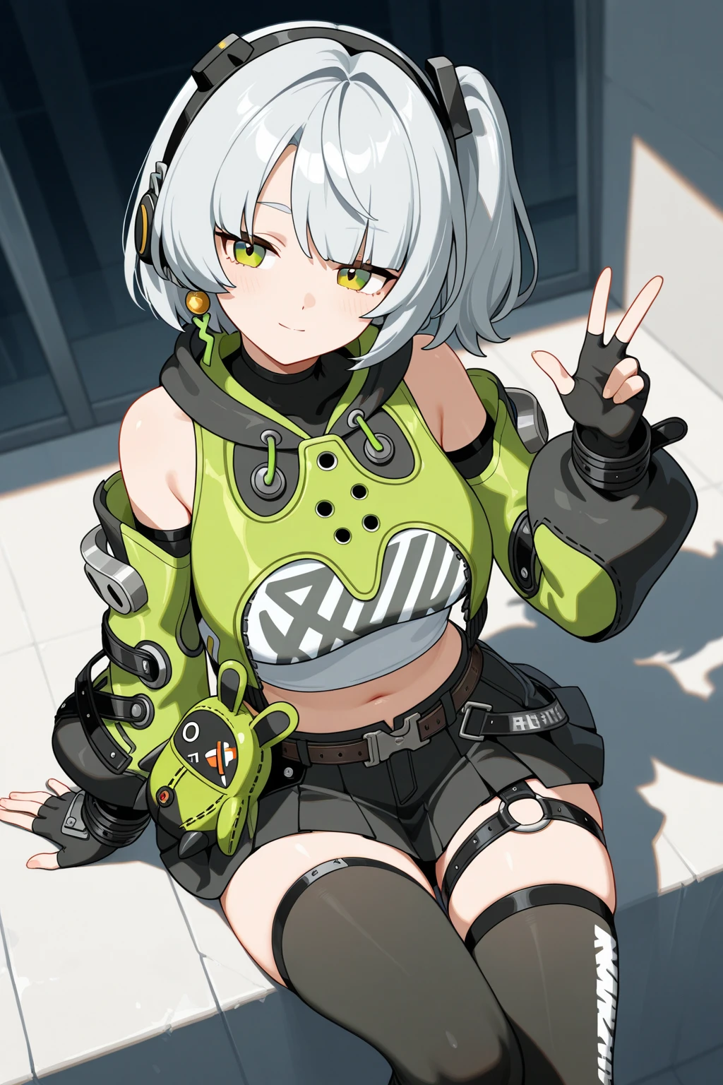sexy, sexy black panties, horny, anby demara, zzz, white short hair, wide hips juicy, green jacket, short skirt black, medium sexy breast, thin waist, sexy,