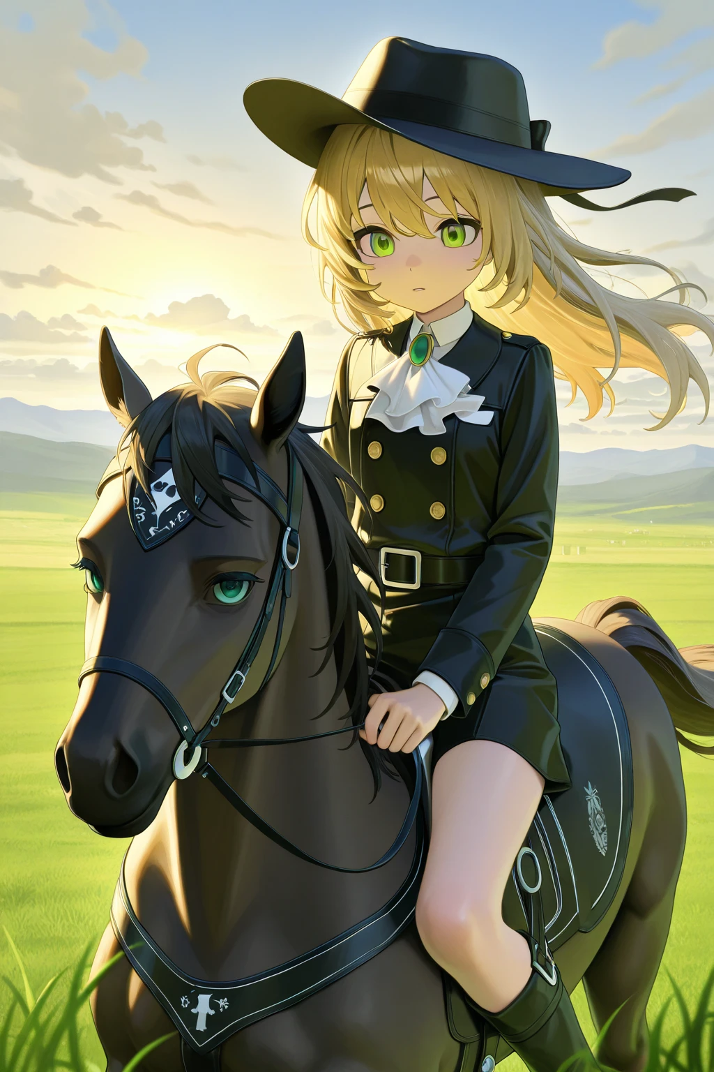 <lora:centaur_centaur-1--centaur-2_centaur-3--retro_ham_avas_jun_rifl--08-02:1.0>,
(centaur, taur, centauroid:1.0),
(full body:1.3),
(((masterpiece))), (((best quality))), ((ultra-detailed)), (illustration), ((an extremely delicate and beautiful)), beautiful detailed anime eyes,bright glowing green eyes, white gloves, blunt ends, buttons, gloves, ingricat hairstile, ornate, hair between eyes, long green hair, long sleeves, military, military uniform, ,, sidelocks, smile, solo, straight hair, streaked hair, uniform, very long hair, upper body, menacing gaze, cute nose,(cleavage:1.1), ( harsh expression:1.3),battle on backgound, explosions, flags
