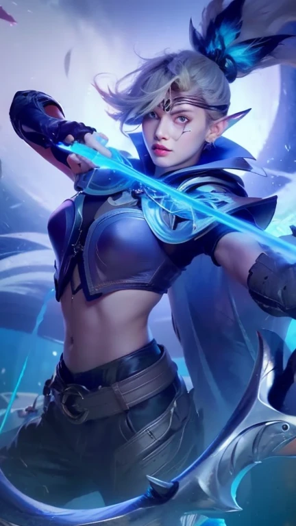 (female:1.2), 8k, ultra hd, ultra detailed texture, hyper realistic, masterpiece, detailed texture, detailed face, detailed skin, detailed lighting, (photorealistic:1.5), best quality, beautiful lighting, cinematic lighting, professional lighting, ultra highres, realistic, detailed hair, real hair, high quality, (realskin:1.5), extremely detailed, finely detail, ultra-detailed, 1girl, solo, elf, pointy ears, standing, demon horns, forehead protector, (red eyes:1.5), v-shapped eyebrow, lips, red lips, evil smile, nose, make up, pretty, beautiful, cute face, long hair, blue hair, high ponytail, large breasts, cleavage, armpit, navel, stomach, black armor, pauldrons, bare shoulders, shoulder armor, thigh high, sleevless, detached sleeves, breastplate, gauntlets, miya \(mobile legends\), depth of field, looking aways, white skin, skin tight, amazing pose, outdoors, glowing, dark view.