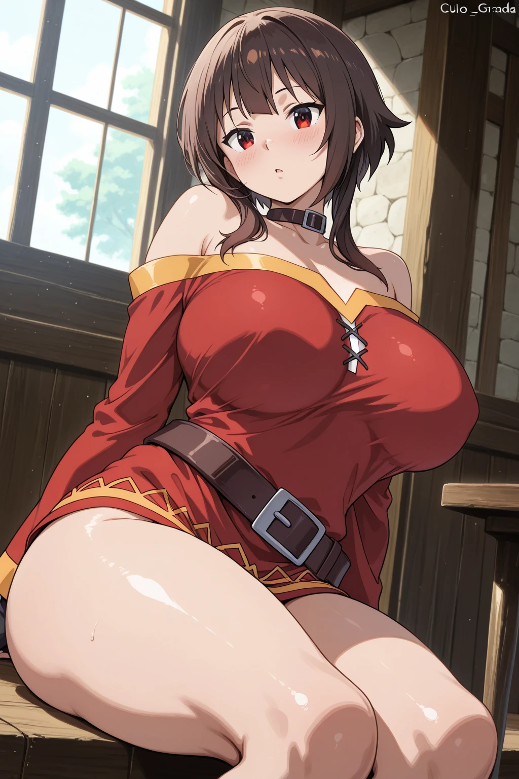 masterpiece, highest quality, soft lighting, confused, looking at the viewer, alone, smile, goggles on head, amber \(genshin impact\), brown eyes, brown hair, long hair, Red Hair Ribbon, leather gloves, Thighhighs, white boots, big breasts, whole body, Overgrown ruins, Mountain,(NSFW),(((nude))),(Kupaa),(spread your legs,she spreads her insides to show her uterus),((arms above head)).