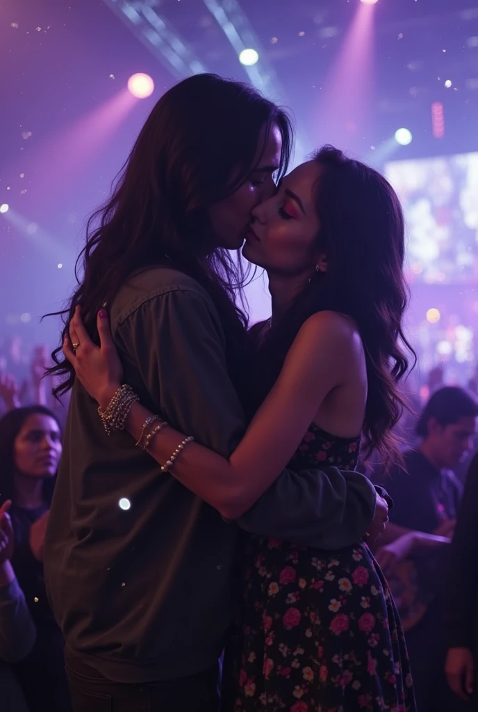 a man and a woman kissing at an ambient electronic music party with few lights and colored lights
