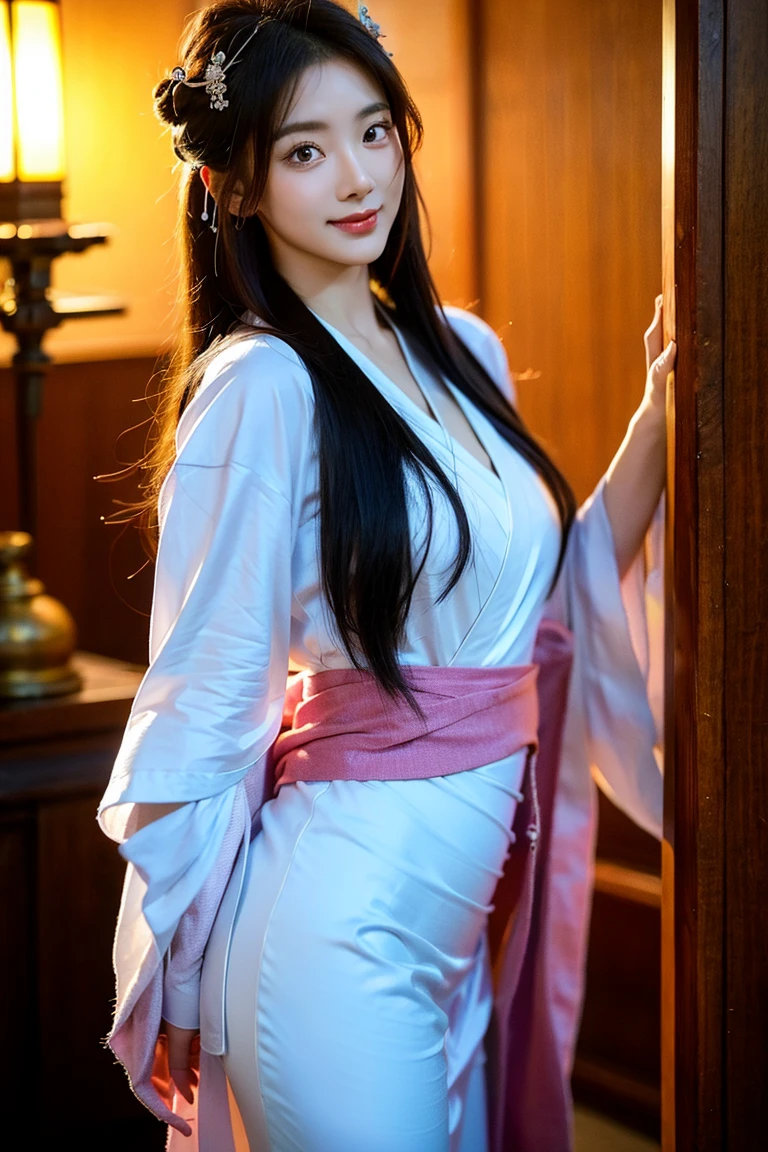 Best Quality, Masterpiece, Ultra High Resolution, (Realism: 1.4), Original Photo, 1Girl, Off-the-Shoulder, Translucent Hanfu, Silk Material, Silk Luster, In the Dark, Deep Shadow, Understated, Cold Light, (Low Cut, Big Breasts, 36d, Big Boobs, Sexy, Buttocks, Hot, Big Boobs, Cleavage, Big Tits), Detailed, Real Photo, Hyperrealism, Surrealism, Aesthetics, Peach Blossom