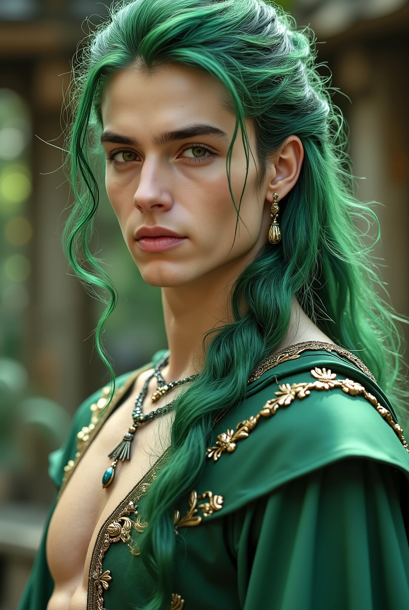 men have very large, light-brown eyes that are impressive((very long green hair with an allback))very white with smooth silky skin around the mouth、A 20-year-old with an accurate and beautiful face is a very slender, beautiful man、Boobs Alien Figures、gorgeous earrings、Live-action ultra-fine precise、Live Action Model Male((dynamic pose))an all back's charming, beautiful young man smiles((Luxurious Fantasy Outfits))live-action real fantasy film、standing with a magic book