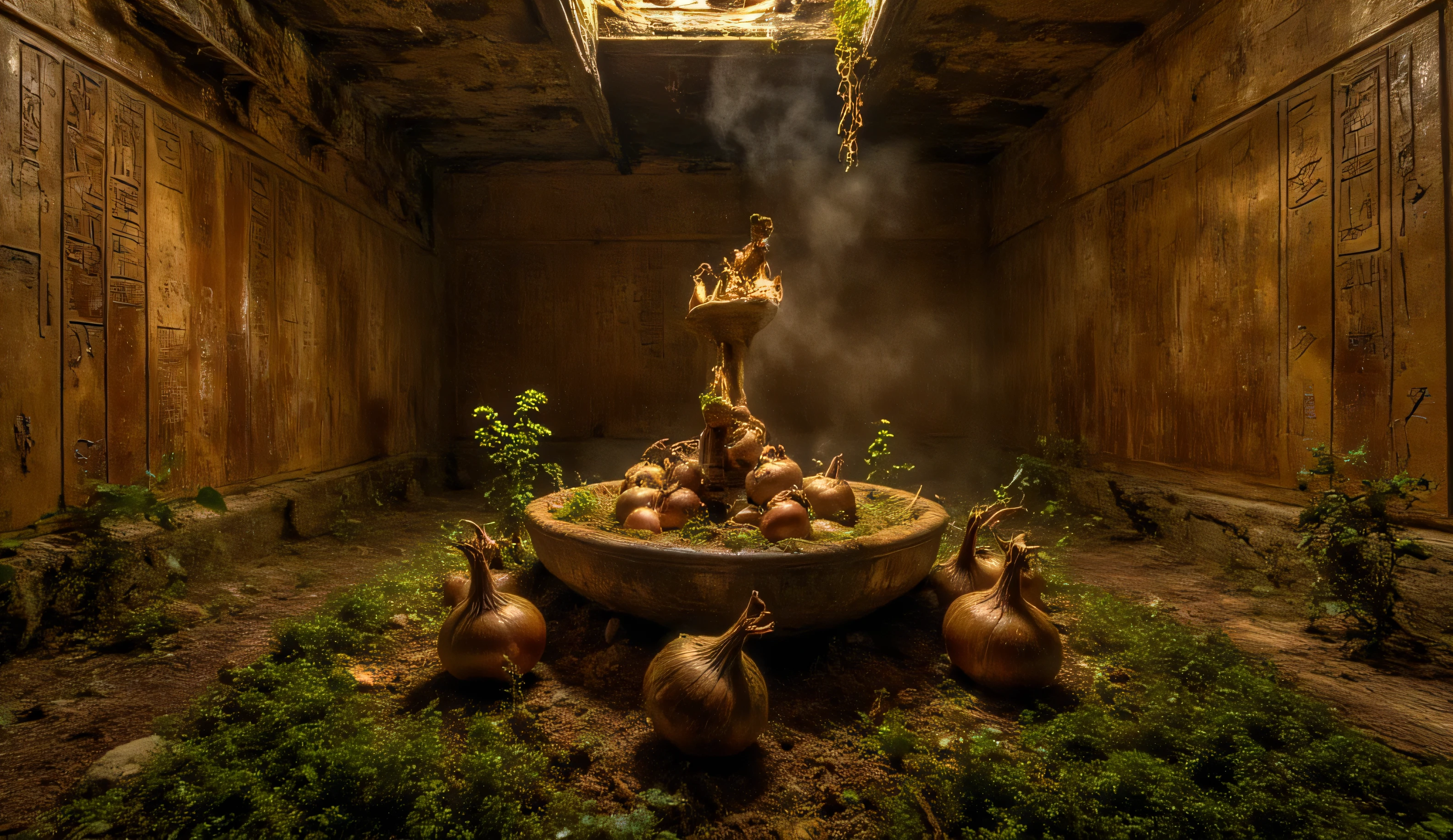 A golden ancient Egyptian tomb, dimly lit by torchlight, with walls covered in hieroglyphs. Mysterious onions placed as offerings whisper softly, their skins glowing faintly with a magical aura. Dust floats in golden light, atmosphere of mystery and sacred silence.