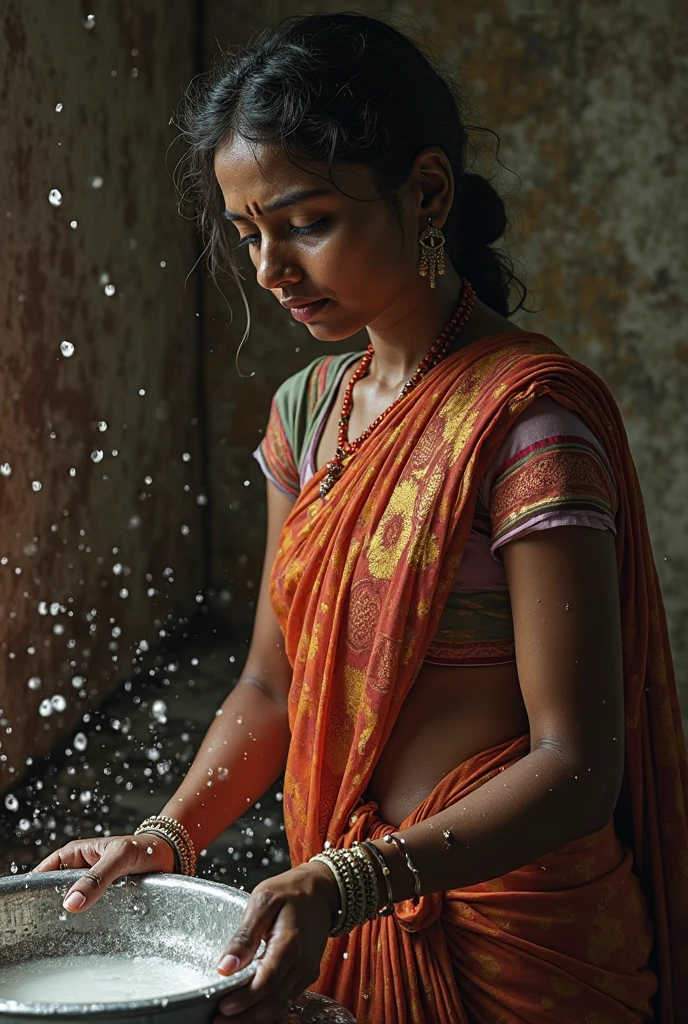 Pastel watercolor sketch of a kerala woman kf age 40 wearing transparent saree she has almost striped that saree, her thighs visible, , looking outside her window to nature seeing rain and breeze, her back view is shown, red blouse almost off to her waist showing bare back, pastel artwork, painting from a novel or movie
