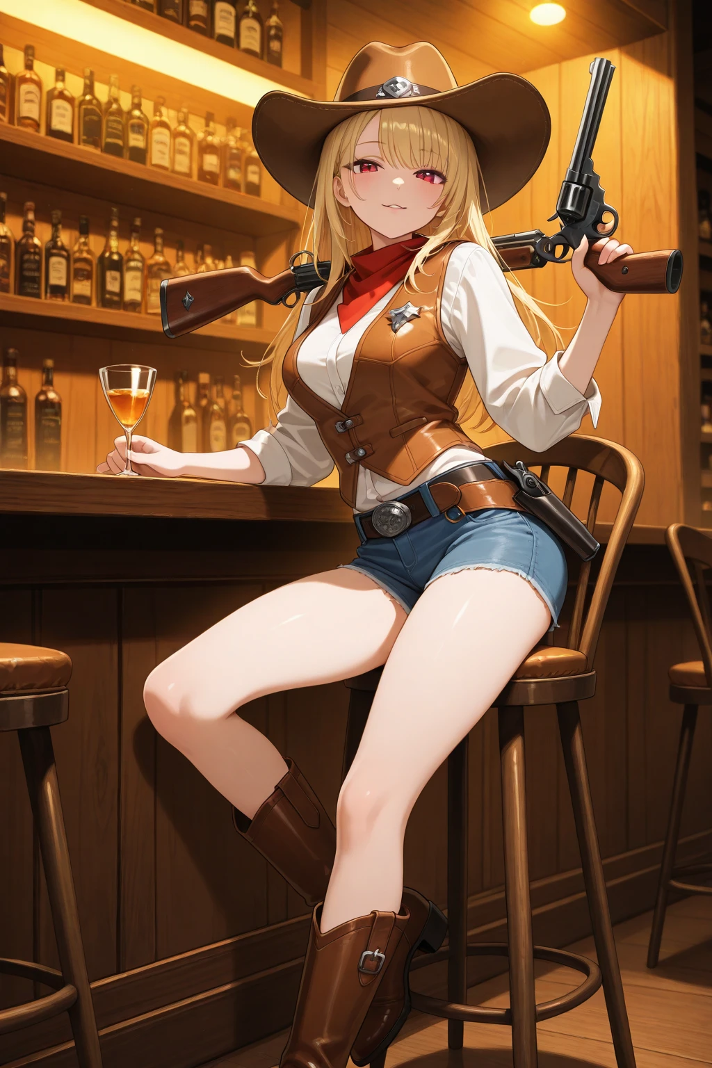 (((1 person:2.0))),(((NSFW:1.8))),((Nude:1.8))),(((naked:2.0))),(((Slim body:1.8))),(((Wearing a gun belt:1.8))),((Wear a wrist watch:1.8))),(((Showing cleavage))),(((Exposed thin inner thighs))),(((Small breasts:1.5))),(((nakedの腕))),(((Wearing boots:1.5))),((Blushed face:1.2)), Beautiful detailed girl, Very detailed目と顔, 緻密でBeautiful Eyes, Very detailed, High resolution, Highest quality, masterpiece, Very detailed, 8k wallpaper, wonderful, finely, Highest quality,(Standing in front of a wooden wall),Beautiful Eyes,((Engage your audience:1.2)),((Cowboy Shot:1.5))),((Front shot:1.2)),((Put your right hand on your chest:1.5)),((Drinking whiskey:1.4)),(((Drunk,Have severe hiccups:1.8))),(((Sit on a chair:1.2)))