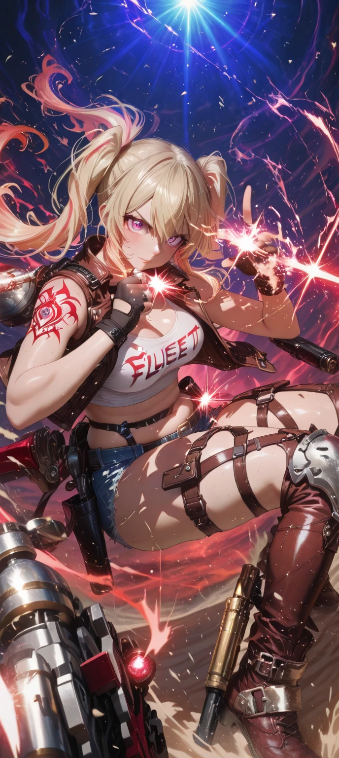 Optimal，masterpiece，centered, High resolution，highest quality，Hyper HD，Very detailed，Award-winning，16k，alone，（Upper Body），Correct Anatomy，Beautiful Cyberpunk Girl，Upper body photos、Cute face，，blonde、Long Hair、Twin tails、Braid, Hairline，（（Scarlet Eyes）），Long eyelashes，Drooping eyelids，White skin，((Shoot from the front:1.5)), ((leotard:1.5)), Clock Top、rocket , (Large Breasts),