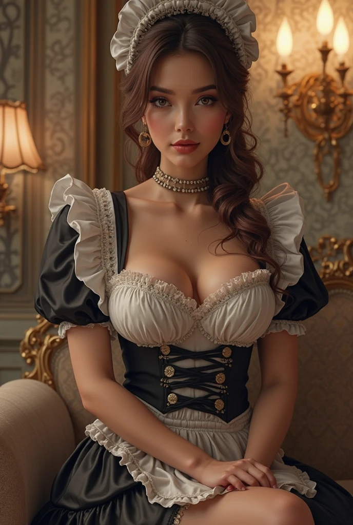 (masterpiece, best quality, superior quality, intricate details, beautiful), high quality, 8k, RAW, ultra details, extremely delicate and beautiful, real shadow, photorealistic, highly detailed portrait, 1girl, (dark skin), chubby body type with skinny waist, huge tits, large full breasts, dark-skinned glamorous african ebony girl, 18 year old prom queen, harem girl, concubine, flowers in hair, wearing lacey baroque victorian fantasy corset dress, puffy sleeves, buxom, sultry, vixen, (very intense makeup), wearing glam makeup, wearing false eyelashes, long eyelashes and mascara, ((very dark skin)), big eyes, lewd expression, sexy smile, pink lipstick,