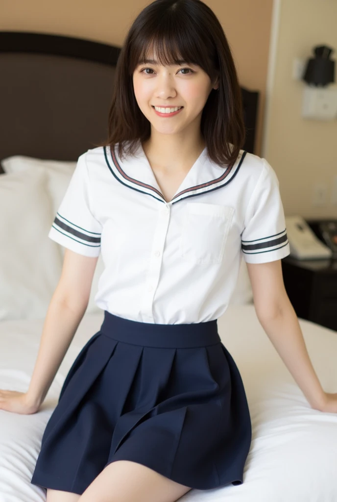 (Masterpiece, BestQuality:1.2), (hyperrealistic:1.1), (8k,Photorealistic), (superrealistic:1.2),girl taking a selfie,japanese,17yo,ponytail hair,school-uniform,((skirt-lift and shows her panties)),(panties visible:1.5),(she takes pleasure in showing her panties),She is smiling brightly and posing happily,The background is the girl's room.BREAK (beautiful detailed teeth, eyes with large brown irises, blunt bangs,small mouth, fresh lips,nose blush),shiny skin,