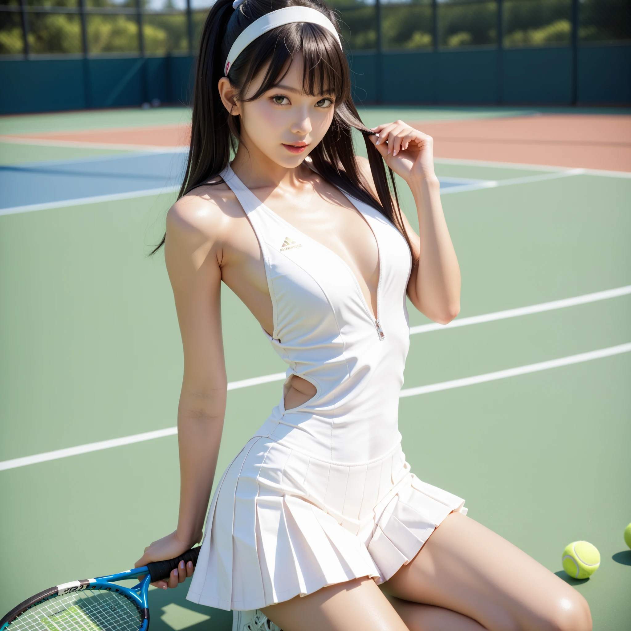 (8k, best quality, masterpiece:1.2), (realistic, photo-realistic:1.37), ultra-detailed,best quality, ultra high res, professional lighting, photon mapping, radiosity, physically-based rendering, cinematic lighting, clear sky, 
basketball court,depth of field, sharp focus,sunbeam, good composition,(bokeh:1.2)
1girl,solo,(full body), (closed mouth),beautiful detailed eyes, pose, narrow waist, tennis dress, tennis skirt, tennis uniform, 
black hair,messy hair,long hair floating in wind,(ulzzang-6500:1.2), pantyshot, see-through, wet shirt, wet hair, wet clothes,