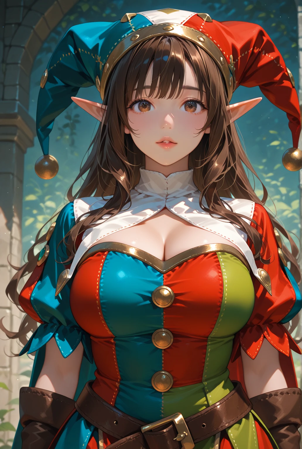 A dynamic pose,1girl,(ultra detailed skin),curvy,petite,beautiful breasts,large breasts,pale skin,pointy breasts,erect nipples,(fantasy art,Highest image quality,Hyperrealist portrait,(8k),ultra-realistic,best quality, high quality, high definition, high quality texture,high detail,beautiful detailed,fine detailed,extremely detailed cg,detailed texture,a realistic representation of the face,masterpiece,Sense of presence,Dynamic,bold),(thin hair),(soft hair),(straight hair:1.5),Swept long bangs,extra light coppery amber hair,hair over one eye,((clothed:1.5),leather boots,leather gauntlet,(santa dress armor:1.5),(long silk sarong:1.5)))