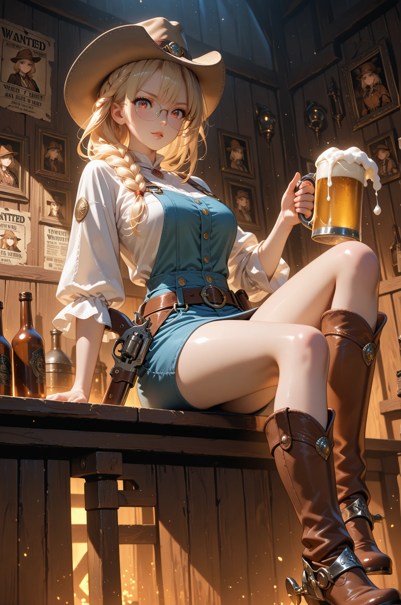 ((Medieval fantasy setting)). score_9, score_8_up, score_7_up, score_6_up, Echo, a 22-year-old half-elf. She has light brown skin, thick light chestnut hair with caramel highlights and soft waves, and brown eyes with green hues. Her face is oval with soft features and pronounced cheekbones. She has full, attractive lips with a natural blush. A slight scar over her right eyebrow. Her ears are small like a human's but pointed like an elf's. Her physique is athletic, toned, slim, and flexible, with rounded, firm curves. She is (wearing short, tight-fitting turquoise leather shorts that accentuate her buttocks and reveal her firm, athletic thighs), and a (white transparent silk shirt buttoned only in the middle, leaving the (neckline) and lower abdomen exposed). Echo rises from a chair, still holding a wooden mug of beer. The camera is shot from slightly above, showing her from the left side. She leans slightly forward, her legs spread wide for balance, and the smile remains on her face. Her light chestnut hair, braided, falls over her shoulder. Her other hand holds the mug at chest level. Her shirt slightly opens, accentuating her neckline. The tavern is filled with a festive atmosphere, with patrons laughing and talking. No Bra, (Hard Nipples Through Shirt), (covered nipples), ((cameltoe)),