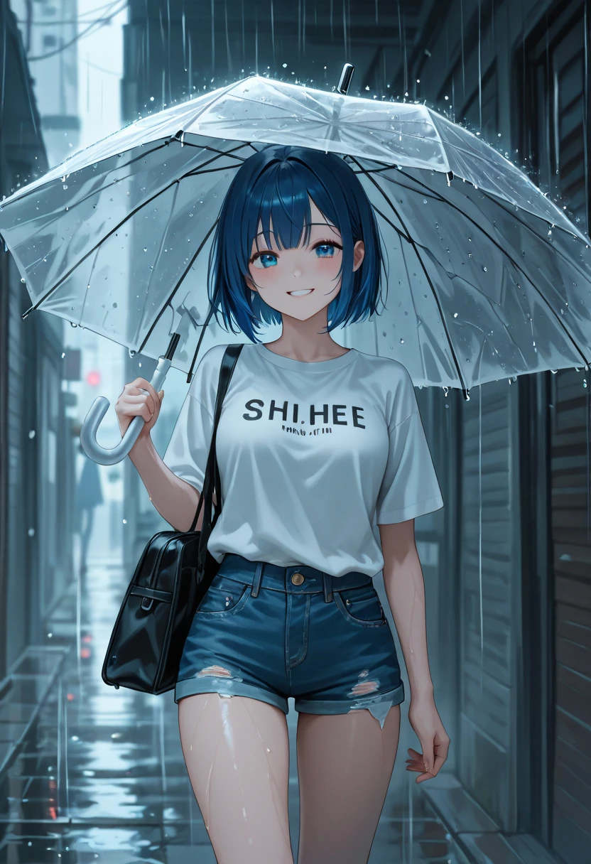 (masterpiece,best quality,Extremely detailed,Wheels within wheels,Delicate face,delicate eyes,beautiful eyes),(((rain:1.5,Outdoor:1.3、Outdoor:1.3,Back alleys of big cities)))、(((1 female,wet:1.5,wet:1.5,wet:1.5,Wet clothes:1.5))),(((No umbrella:1.5)))、Cowboy shooting,20 year old beauty、Dark blue hair,medium length bob hairstyle:1.3,tearful,sad,(micro short shorts, White T-shirt、Wet clothes:1.5),(slim body,Medium breasts,sparkling skin),sit,From the front,(Depth of Field:1.2),National Foundation,