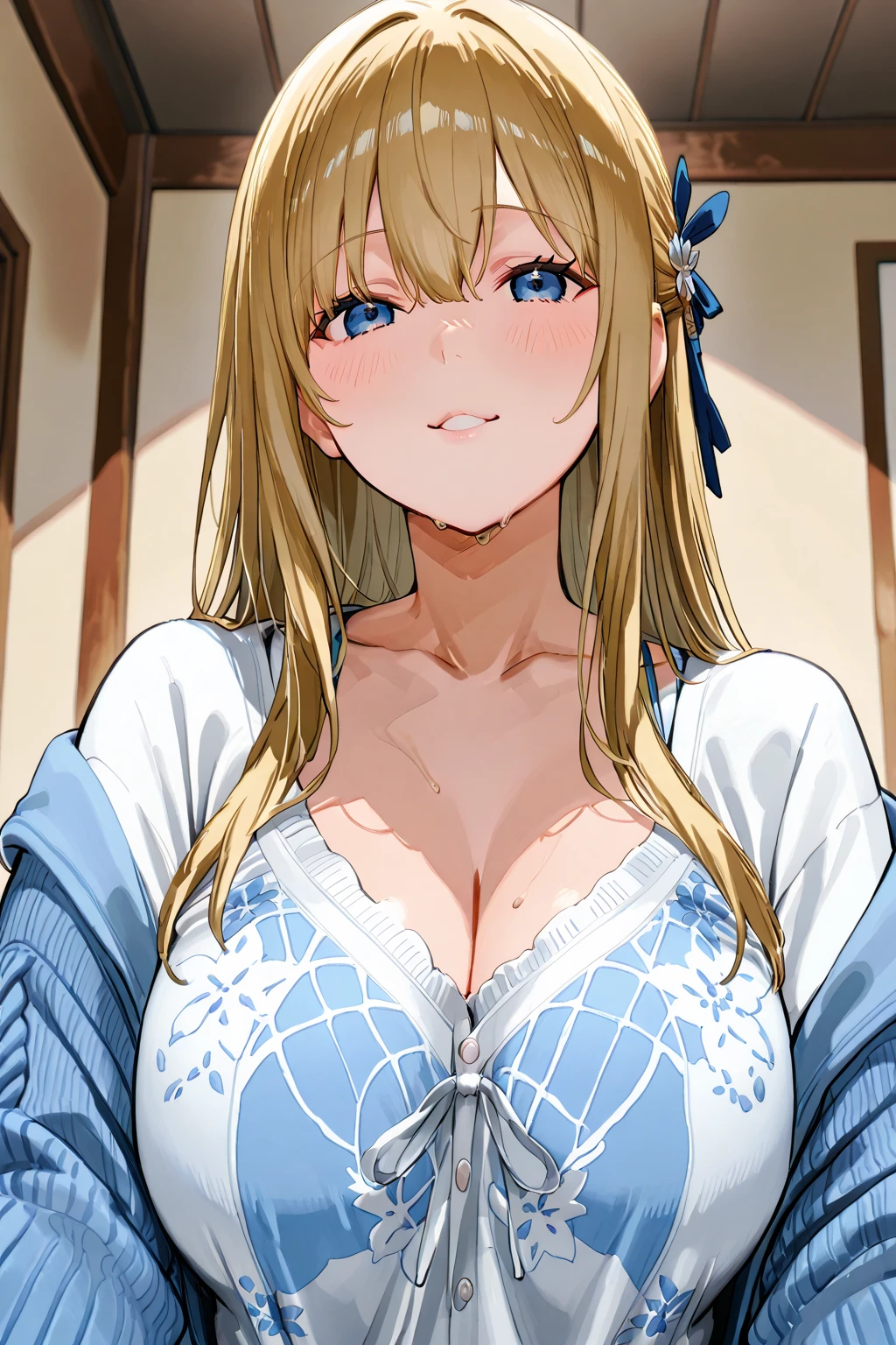 1girl, priestess, hallway, white and blue robes, blue eyes, soft eyes, wavy blonde hair, slightly plump, young, sweet smile, facing viewer, standing straight, pure, F cup bust, solo, happy, up close, SFW, covered cleavage, cheerful, oval face, front view, hands hidden, fully dressed, soft curves, upright posture, face portrait, close up shot