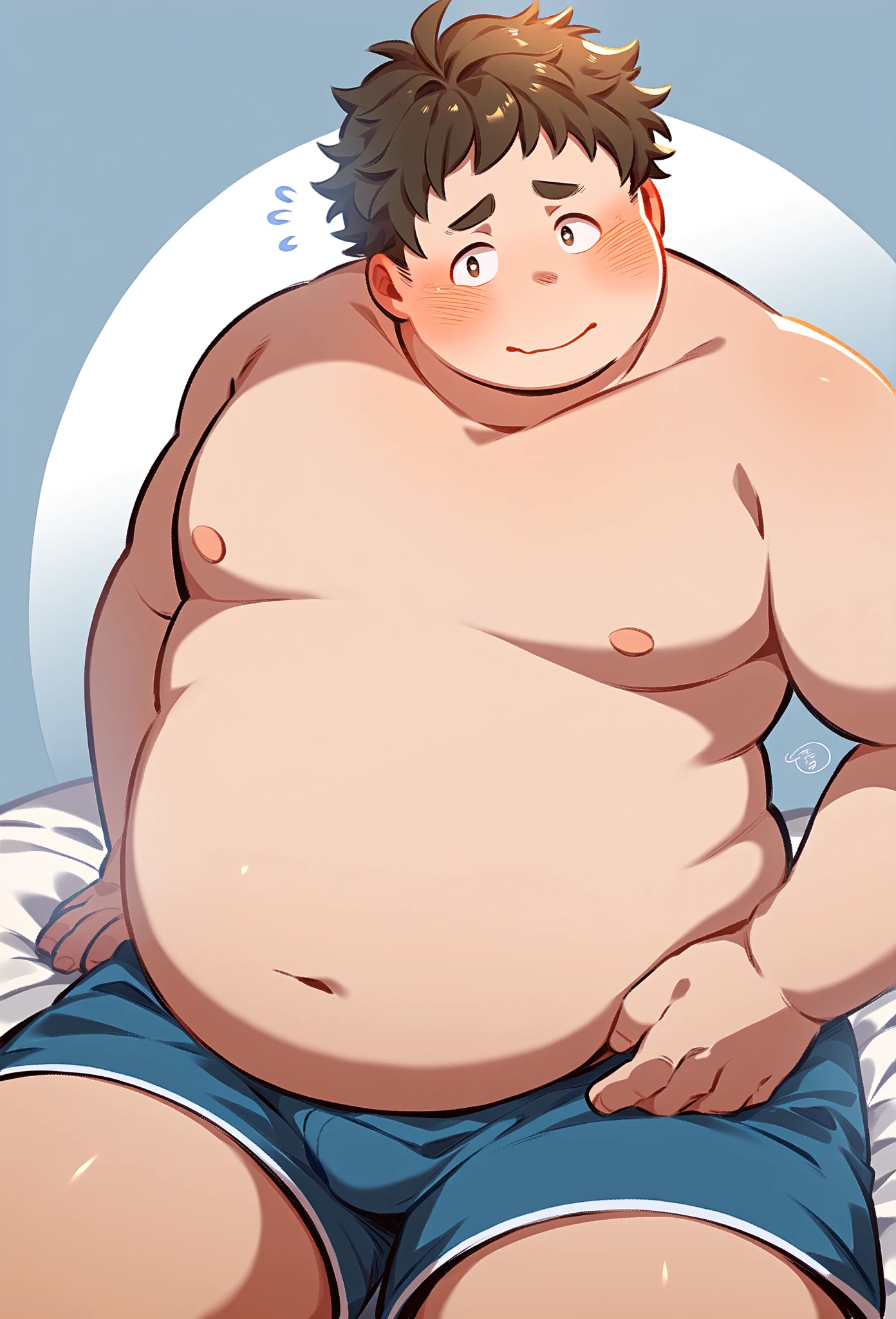 beautiful, chubby, (very short hair), (pudgy face), (naughty), (high school students), (handsome), thick, overweight, beefy, (nipples), (cute), (little brat), (naughty brat), (へそ), ぽっちゃりした体, big belly, 汗ばんだ体, (臭そうな体), (naked), (nude), (tan line), (目が小さい), (asian), (細い目)