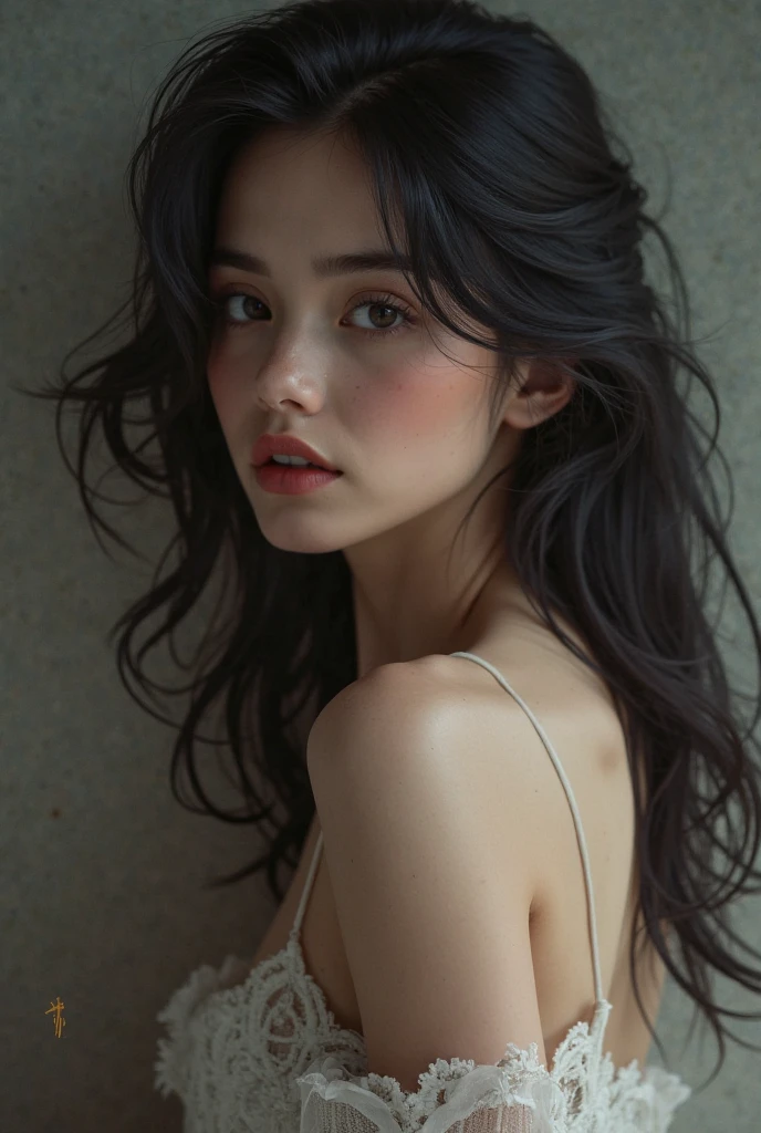 highest quality,masterpiece,very detailed,High resolution,4K,ultra High resolution,detailed shadow,ultra realistic,realistic,dramatic lighting,1 girl,alone,detailed face,realistic eyes,realistic skin,white dress,purple hair,dynamic pose, white lace dress