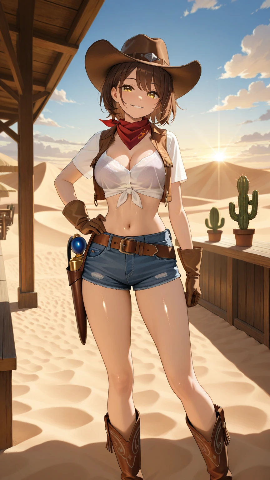 western drama，Caracar Desert，Cowgirl，Redhead，Braid，(Brown hot pants:1.6)，Gunman，Skin Belt，High Boots，Have，With a smile，Wink，Cute and sly，Stars and Stripes Bikini，Cowboy hat，Attractive thighs，Brown Skin，Hunchback，Brown Hot Pants，floor、Butt sticking out pose，Side angle
