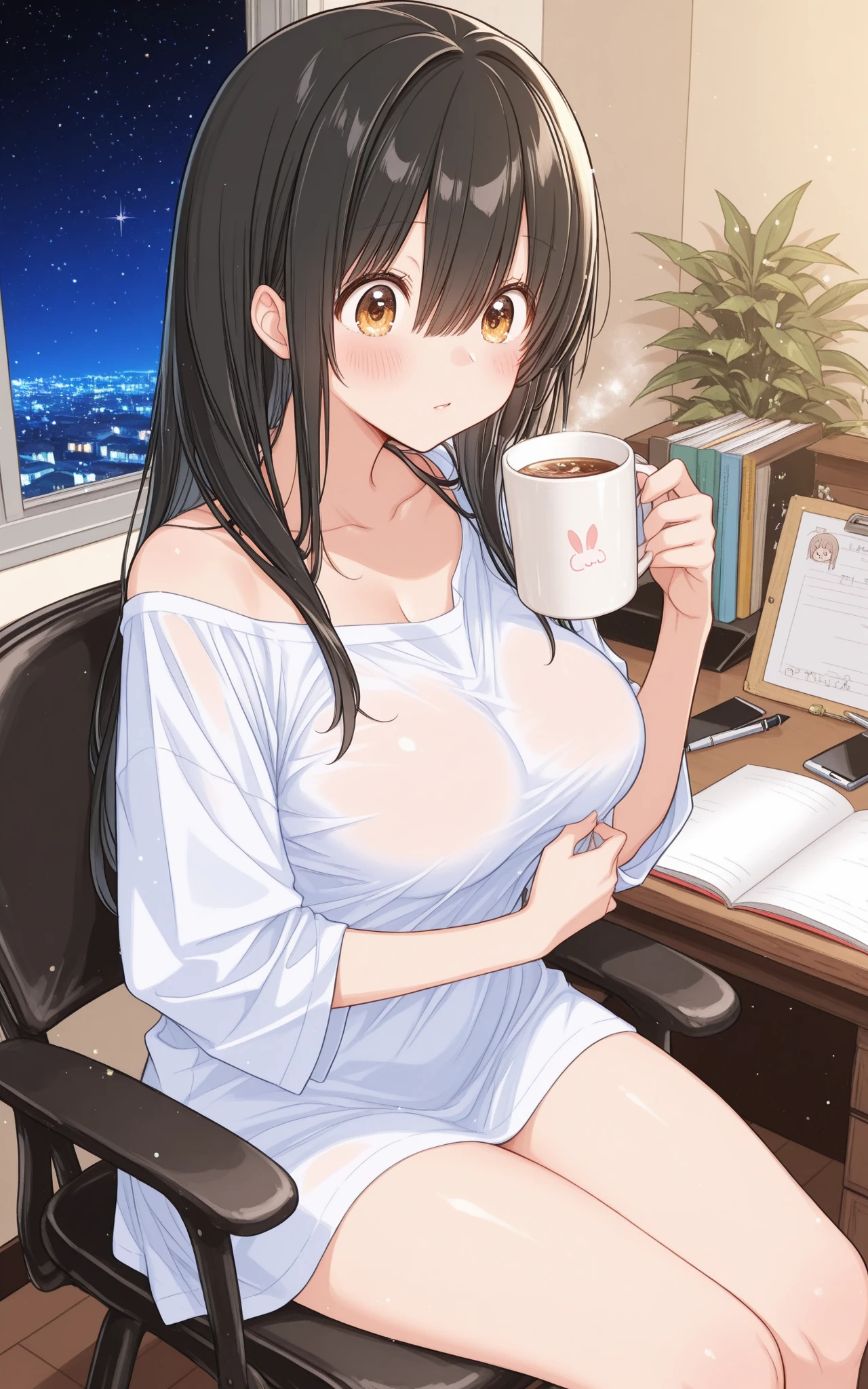 yor briar,

1girl, bangs, book, bookshelf, breasts, cleavage, coffee, coffee mug, cup, earrings, gold earrings, jewelry, long hair, looking at viewer, nude, medium breasts, mug, out of frame, plant, red eyes, smile, solo, white hairband, window

, ((masterpiece))